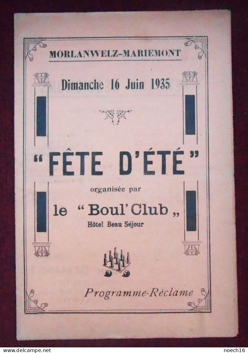Programme-Réclame Morlanwelz-Mariemont 1935 Fête D'été Organisée Par Le Boul'Club. Hôtel Beau Séjour - Programmes