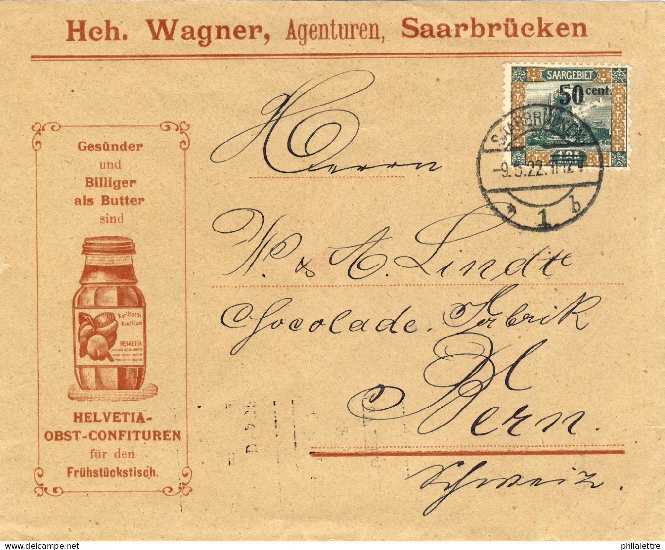 SARRE / SAARGEBIET - 1922 Yv.77 / Mi.78A On Illustrated Cover To Bern, Switzerland / Enveloppe Illustrée Pour Berne - Briefe U. Dokumente