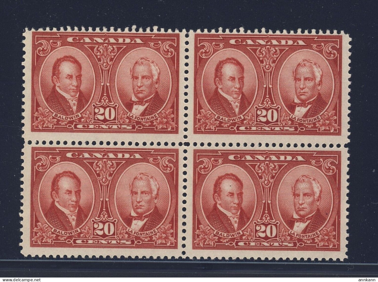 Canada MNH PRIME MINISTER CANADA BALDWIN & LA FONTAINE, #148- 20c Block MNH VF - Blocks & Sheetlets