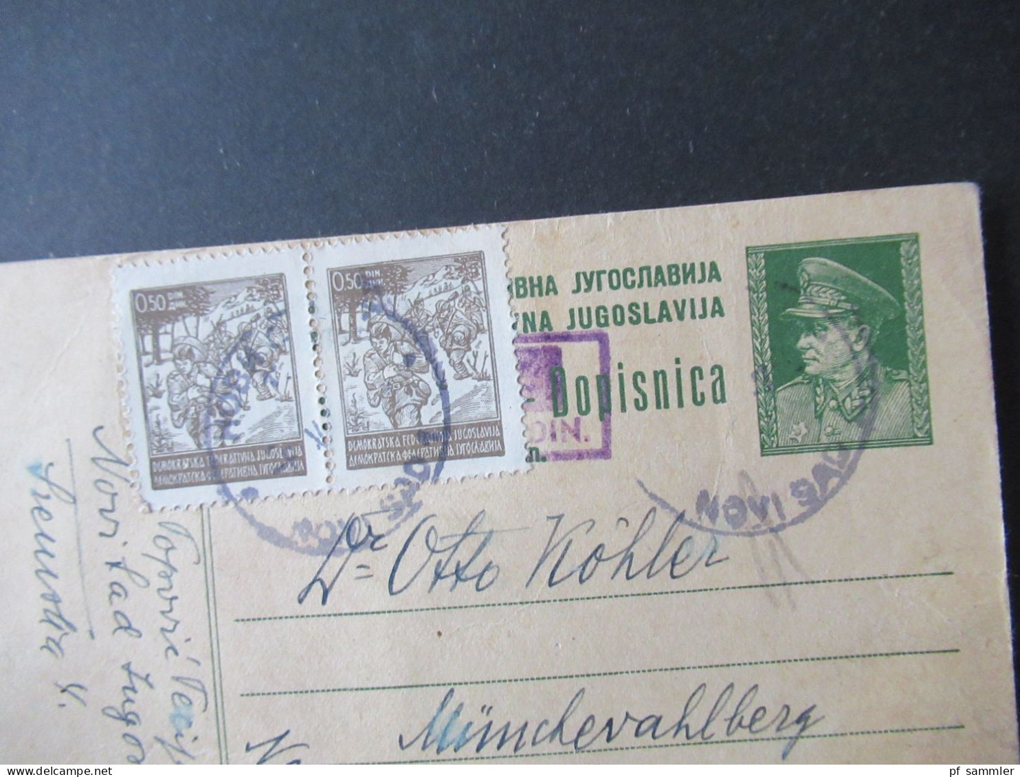 Jugoslawien Ausgabe 1945 Verwendet 1947 Mit Violettem Stempel Und 2x ZuF Nach Mönchevahlberg Post Dettum - Brieven En Documenten