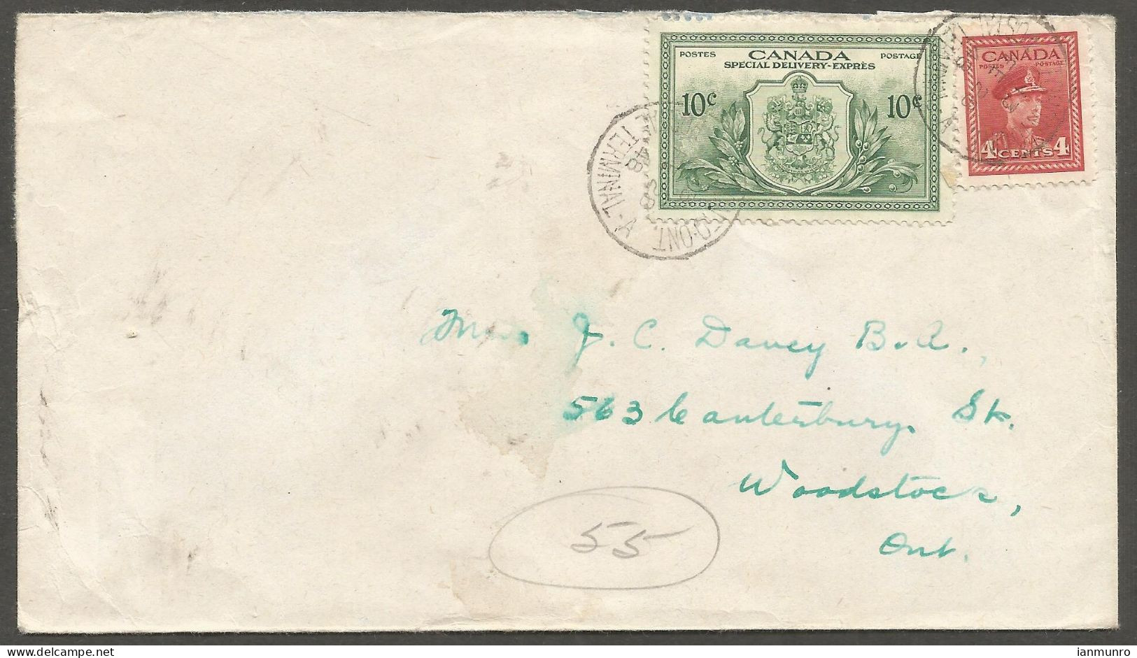 1948 Special Delivery Cover 14c War/E11 Toronto Terminal A Ontario To Woodstock - Postgeschichte