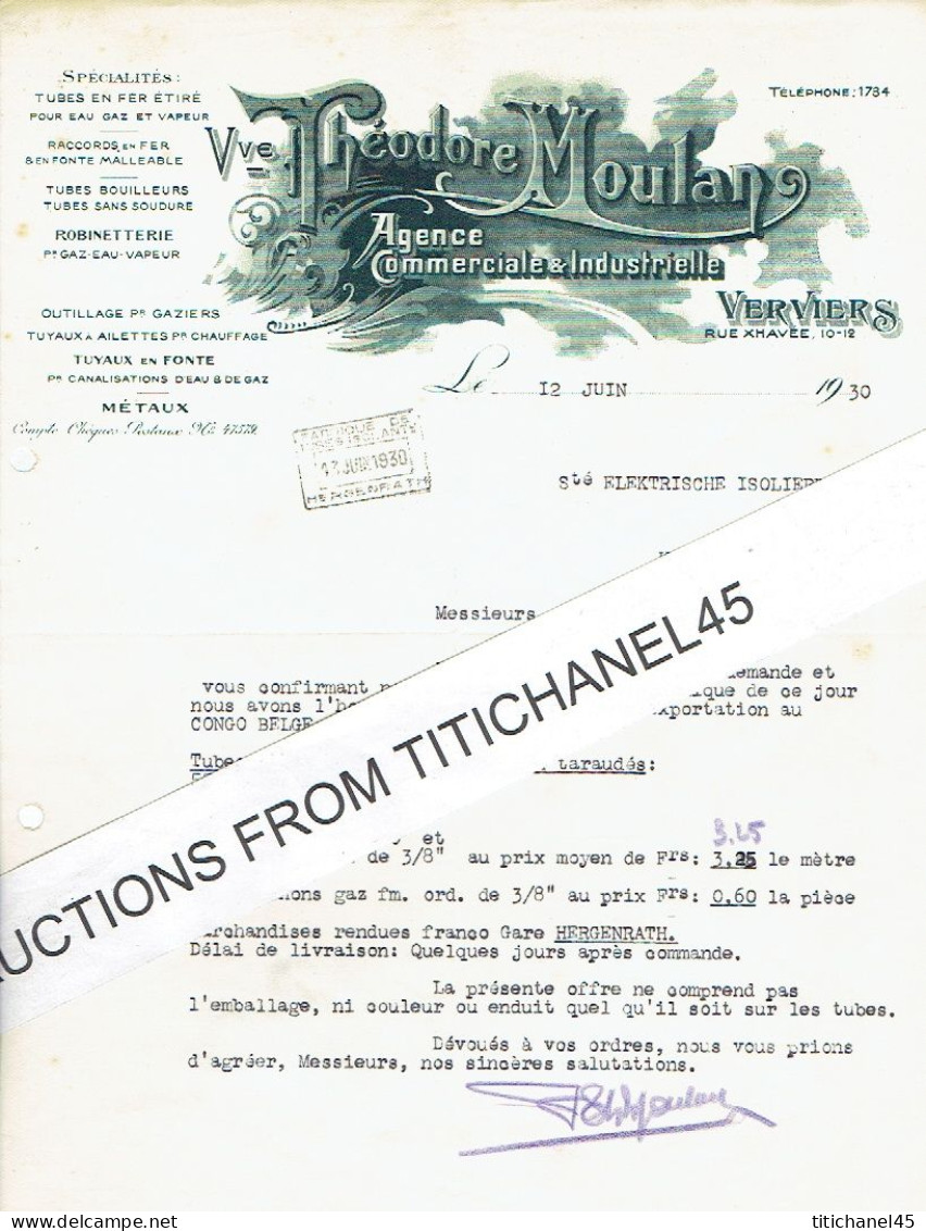 1930 - VERVIERS - Vve THEODORE MOULAN - Machines-outiles En Fers, Quincaillerie, Robinetterie, Outillage - Sonstige & Ohne Zuordnung