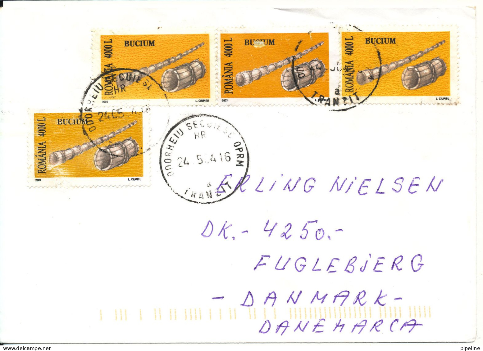 Romania Cover Sent To Denmark 24-5-2004 Topic Stamps Music Instruments - Cartas & Documentos