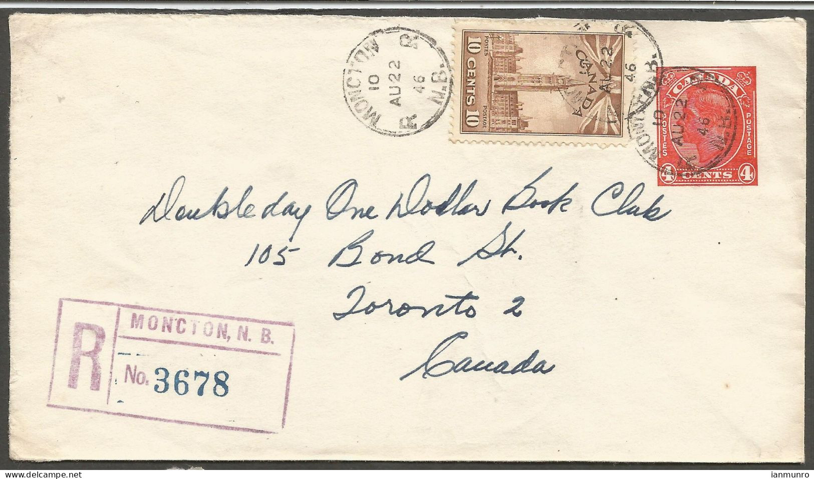 1946 Registered Cover 14c War/Uprated PSE RPO CDS Moncton New Brunswick NB To Toronto Ontario - Histoire Postale