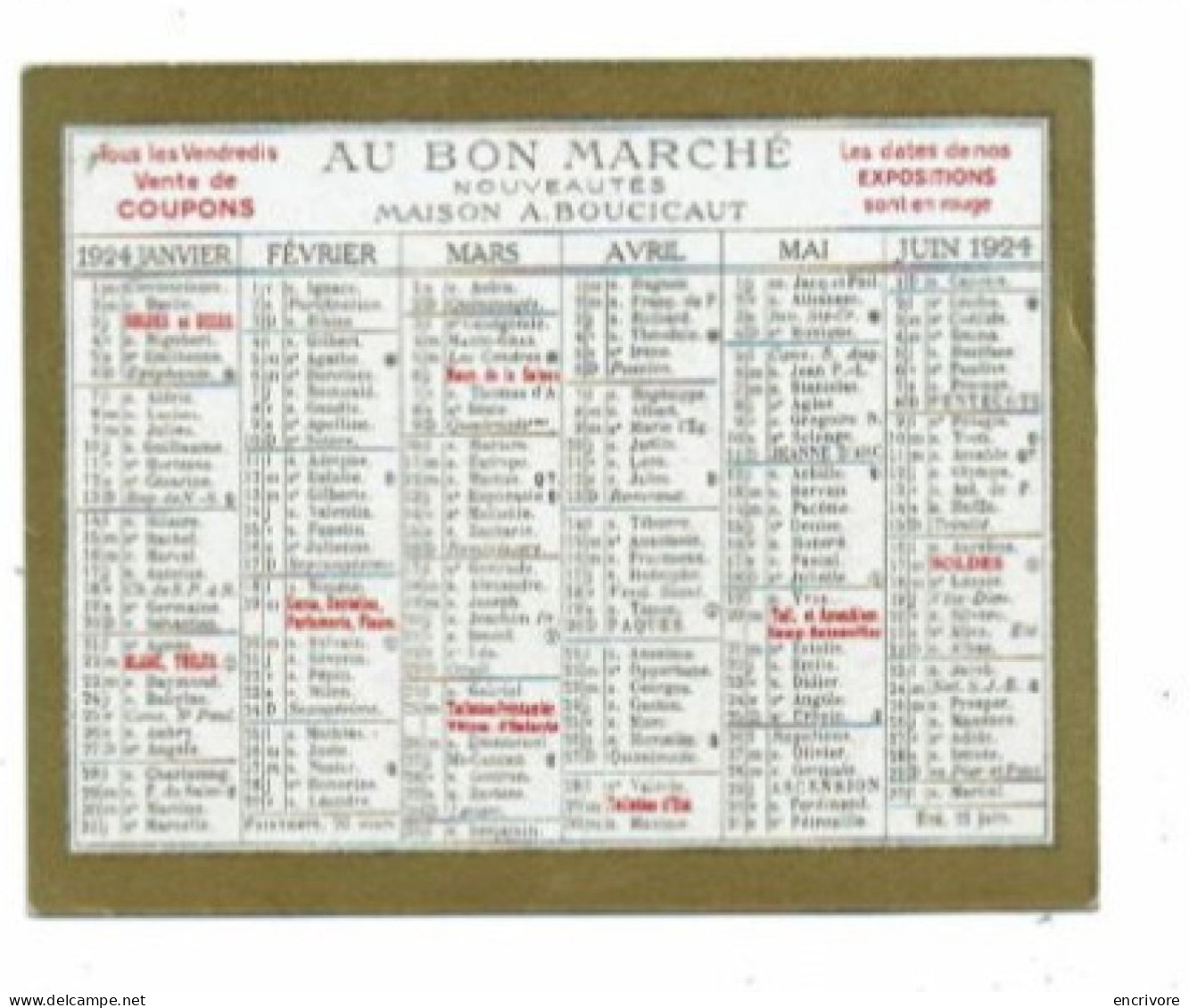 Petit Calendrier Publicitaire 1924 AU BON MARCHE Coupons Expositions Soldes - Klein Formaat: 1921-40