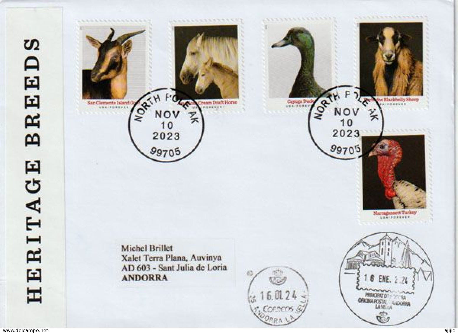 2023 . Heritage Breeds / Conservation Du Betail Traditionnelle. Letter From  NORTH POLE.ALASKA, To Andorra - Covers & Documents