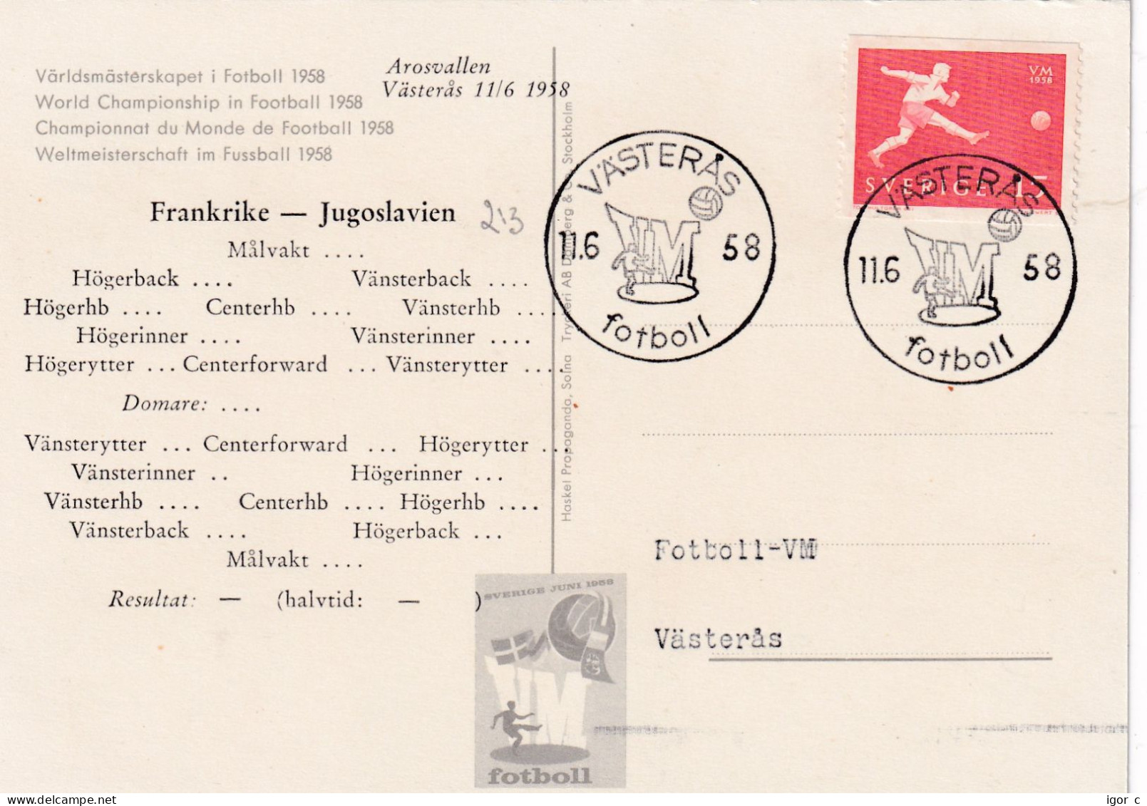 Sweden 1958 Card: Football Fussball Soccer Calcio; FIFA WC 1958 Sweden; France - Yugoslavia Match - 1958 – Sweden