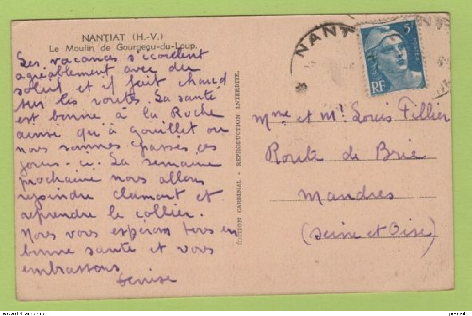 87 HAUTE VIENNE - CP NANTIAT - LE MOULIN DE GOURGEAU DU LOUP - EDITION CARDINAL - CIRCULEE EN 195? - Nantiat