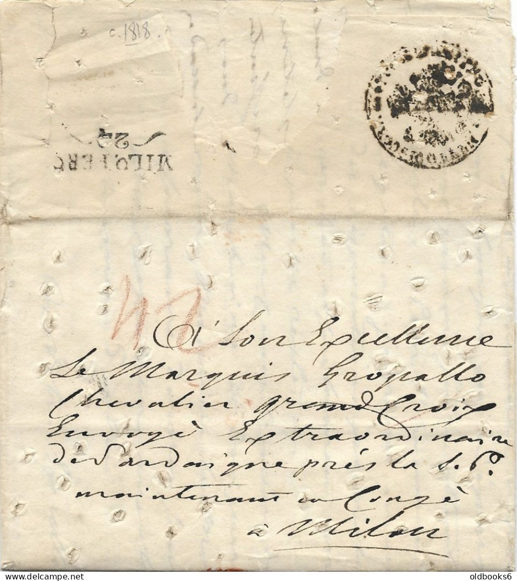 TÜRKEI TURKEY 1822 Constantinople To Milan To The Ambassador, Punch Holes, Cachet CHOLERA - ...-1858 Vorphilatelie