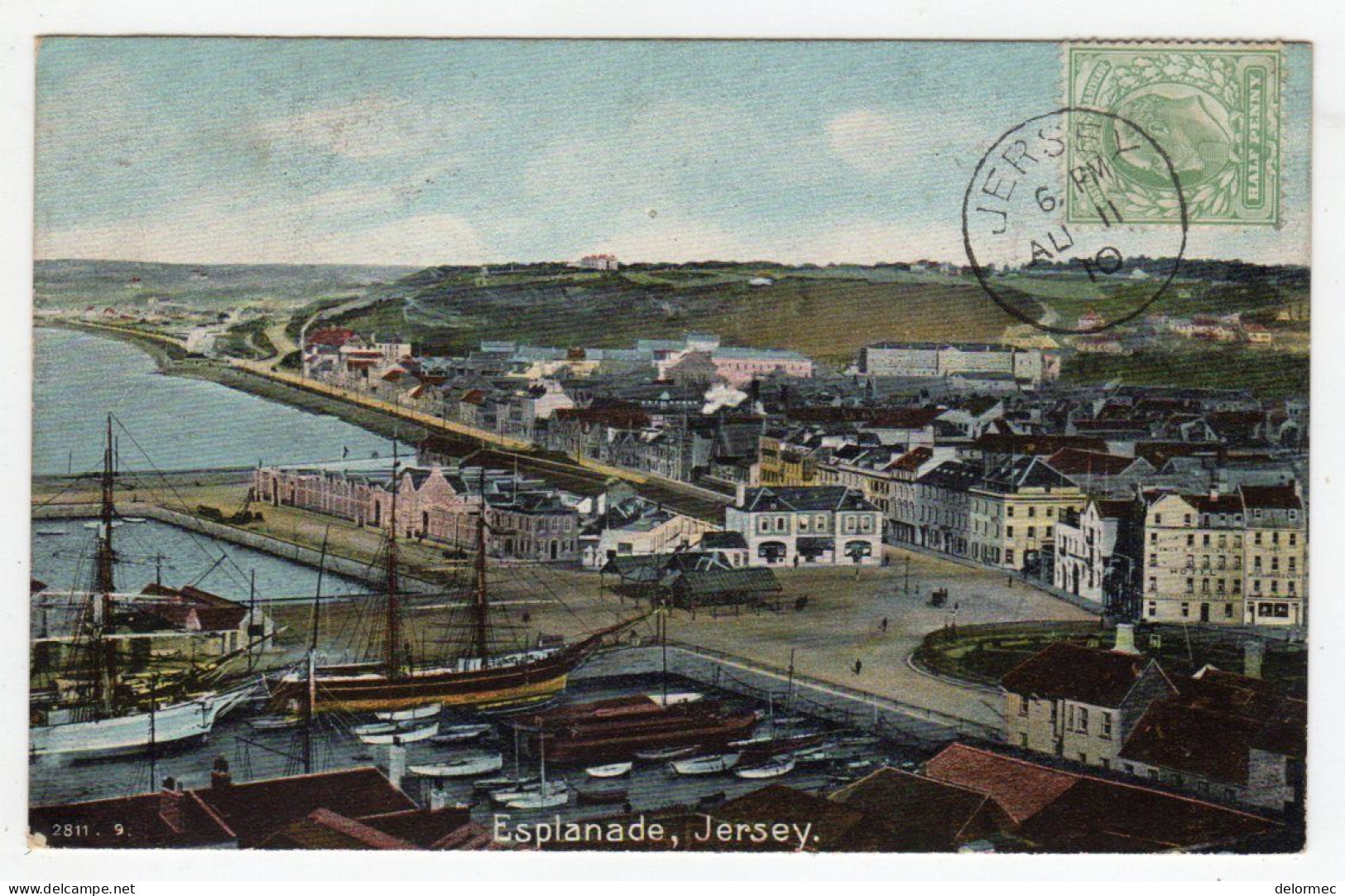 CPA Colored Jersey United Kingdom St Helier Esplanade Harbour Port Bateaux Boats - St. Helier