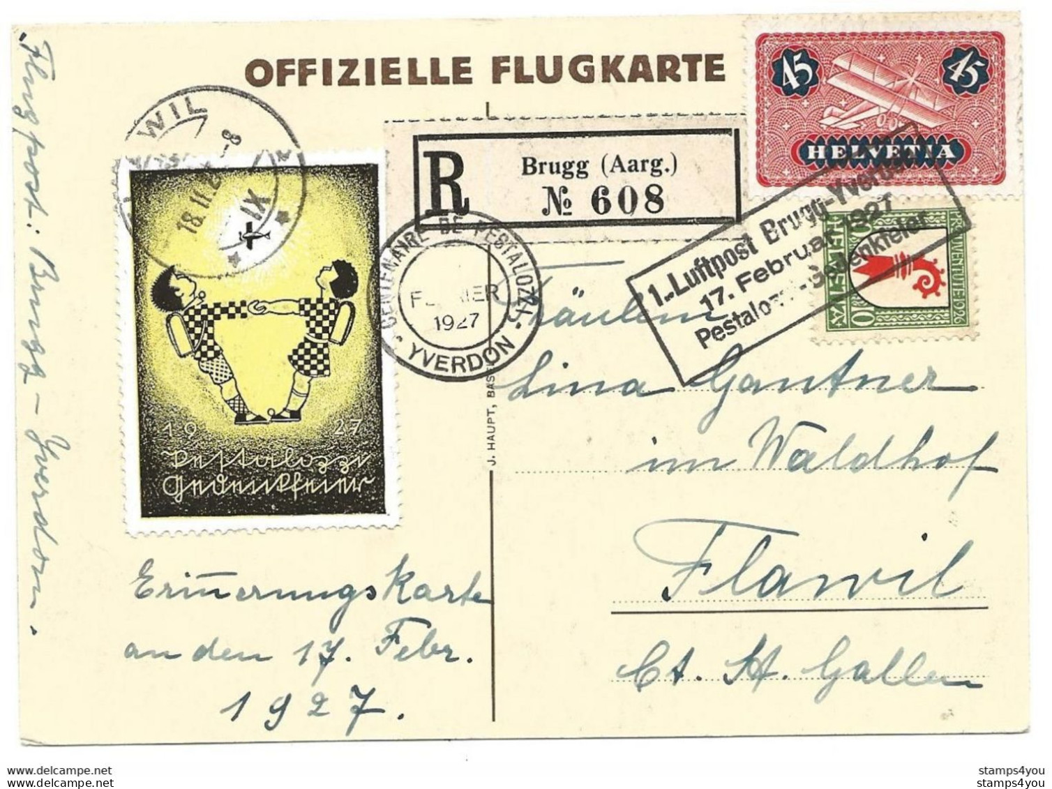 13 - 16 - Carte Centenaire Pestalozzi Vol Brugg-Yverdon 1927 - Autres & Non Classés