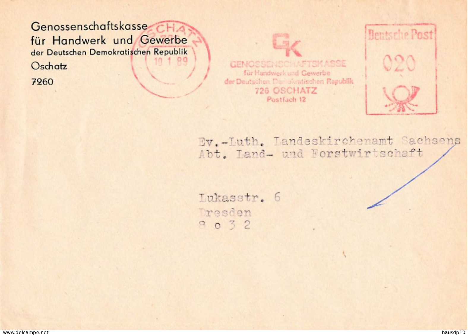 DDR Brief AFS Genossenschaftskasse Für Handwerk Und Gewerbe Oschatz 1989 - Central Mail Service