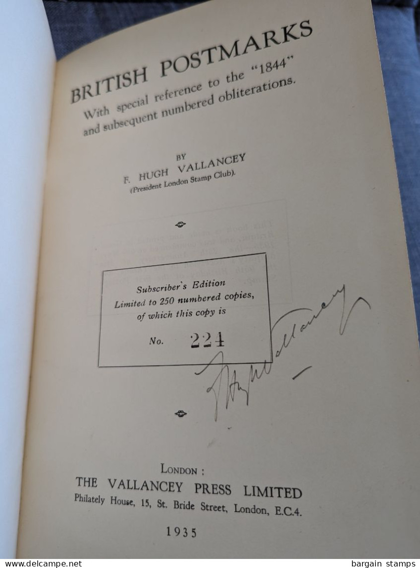 British Postmarks -With Special Reference To The "1844" And Subsequent Numbered Obliterations - F. Hugh Vallancey - 1935 - Handbooks