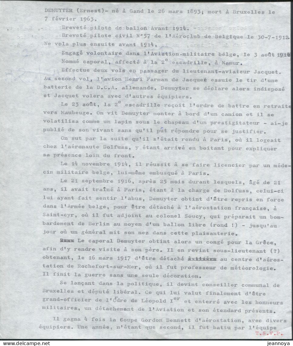 AUTOGRAPHE DE WILLY COPPENS DE HOUTHULST , AVIATEUR BELGE,  / UNE COURTE BIOGRAPHIE TRES CRITIQUE D' ERNEST DEMUYTER - Aviators & Astronauts