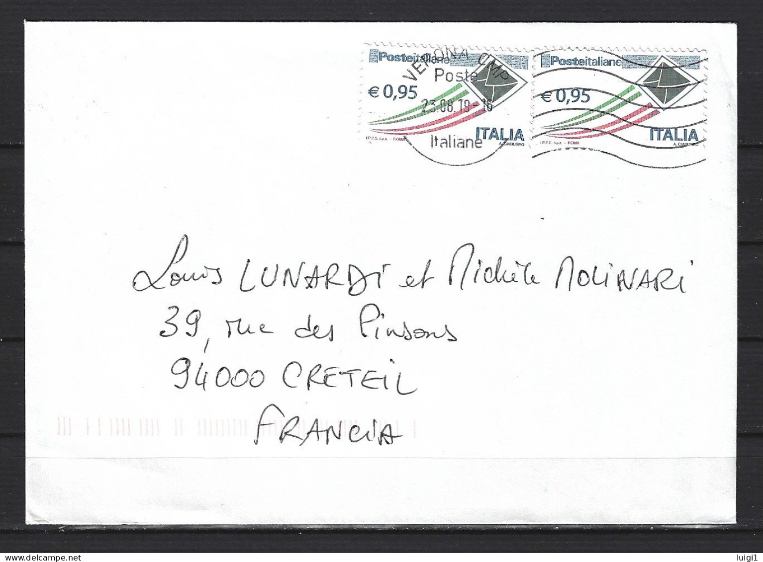 ITALIE 2019. Lettre  Pour La France, Affranchie Avec Y&T N° 3514 X 2  -  0,95 € - Datée Du 23.08.2019. VERONA CMP.  TB. - 2011-20: Marcophilia