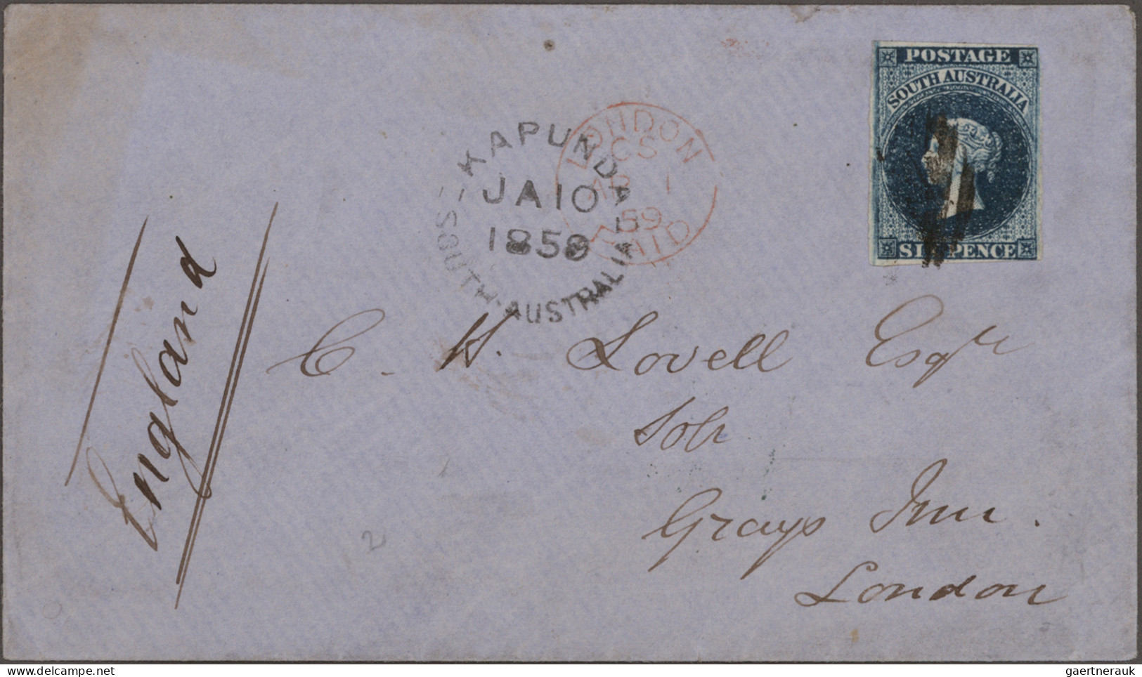 South Australia: 1857, 6d Slate Blue Tied By Mute Killer, "KAPUNDA SOUTH AUSTRAL - Briefe U. Dokumente