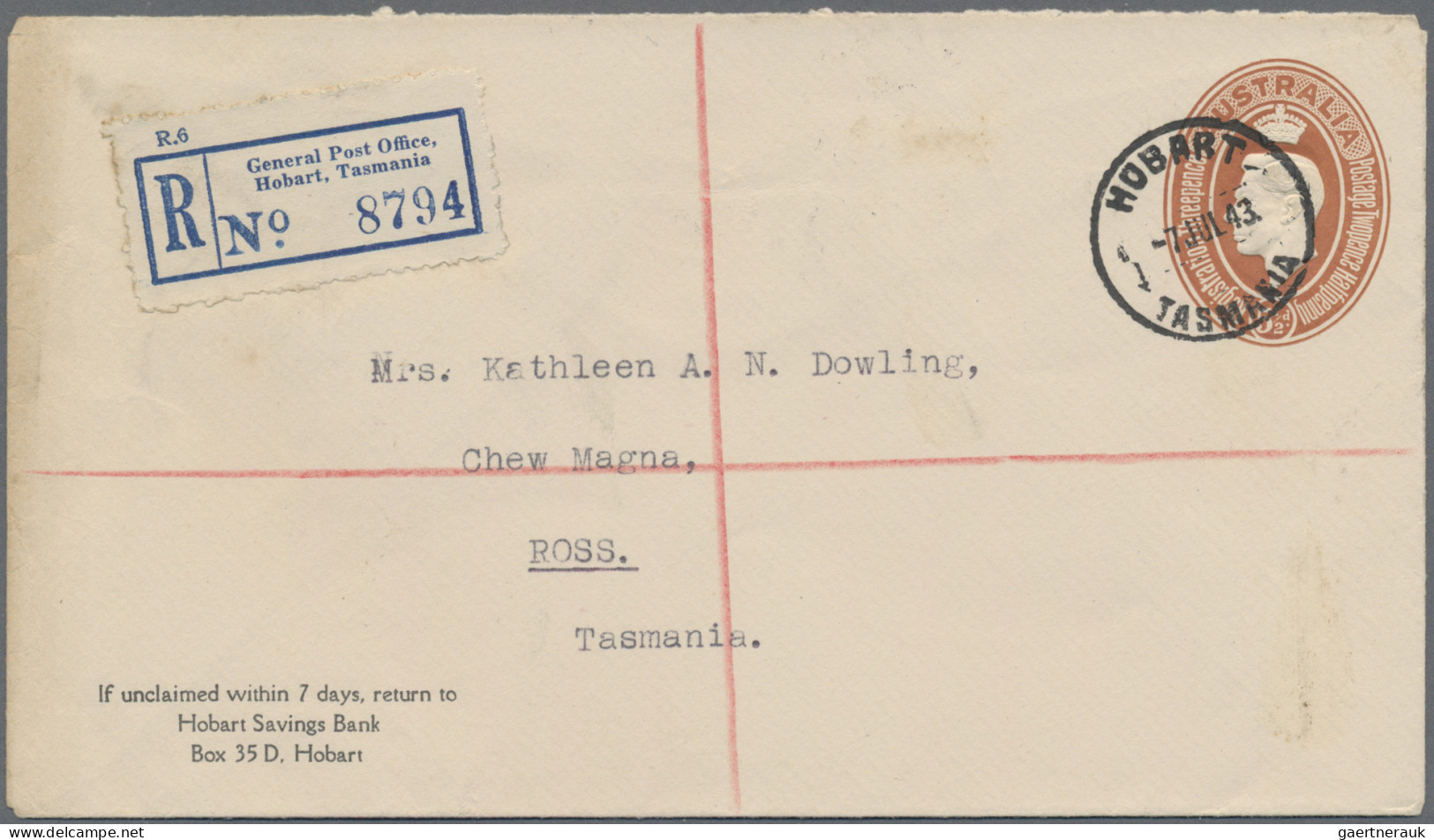 Australia - Postal Stationery: 1943, 5 ½d Brown KGVI Stamped-to-order Registrati - Postal Stationery