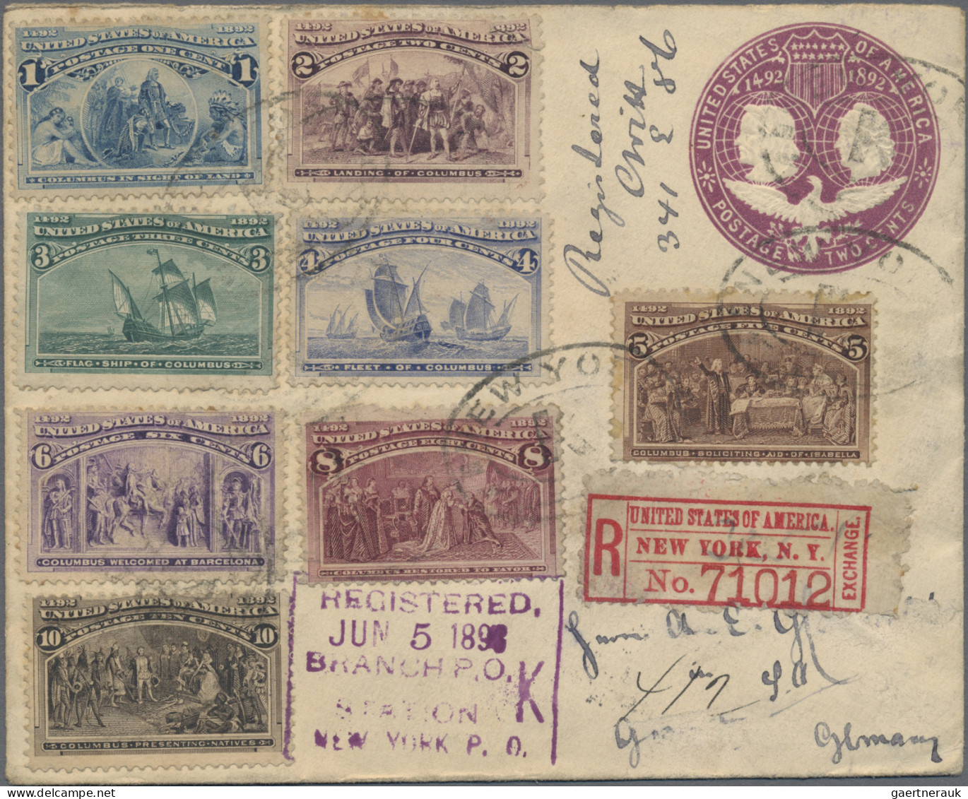 United States: 1893, Columbus 1c.-10c., Eight Values Uprating An Stationery Enve - Sonstige & Ohne Zuordnung