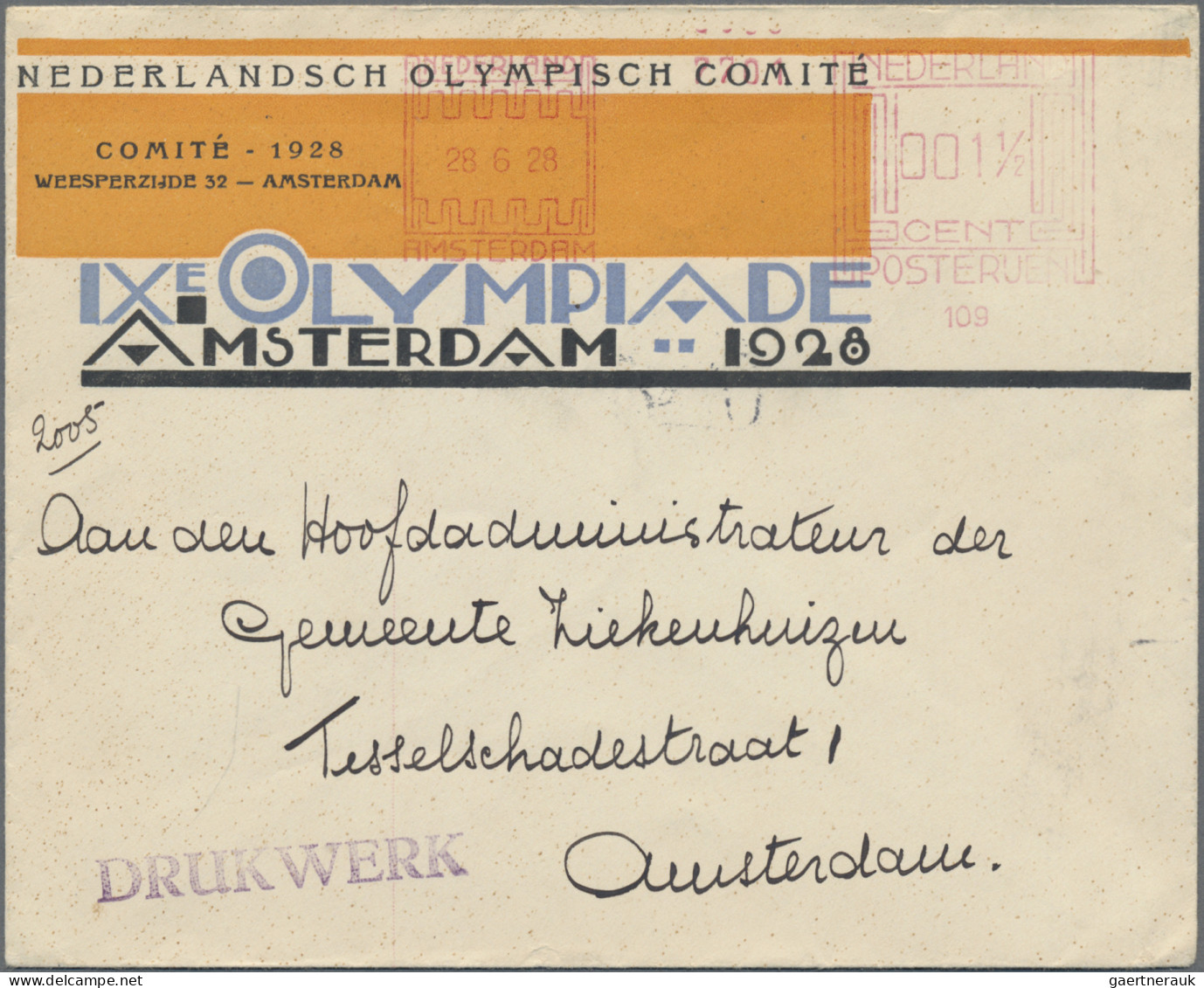 Thematics: Olympic Games: 1928, Olympic Games Amsterdam, Cacheted Envelope "IXe - Otros & Sin Clasificación