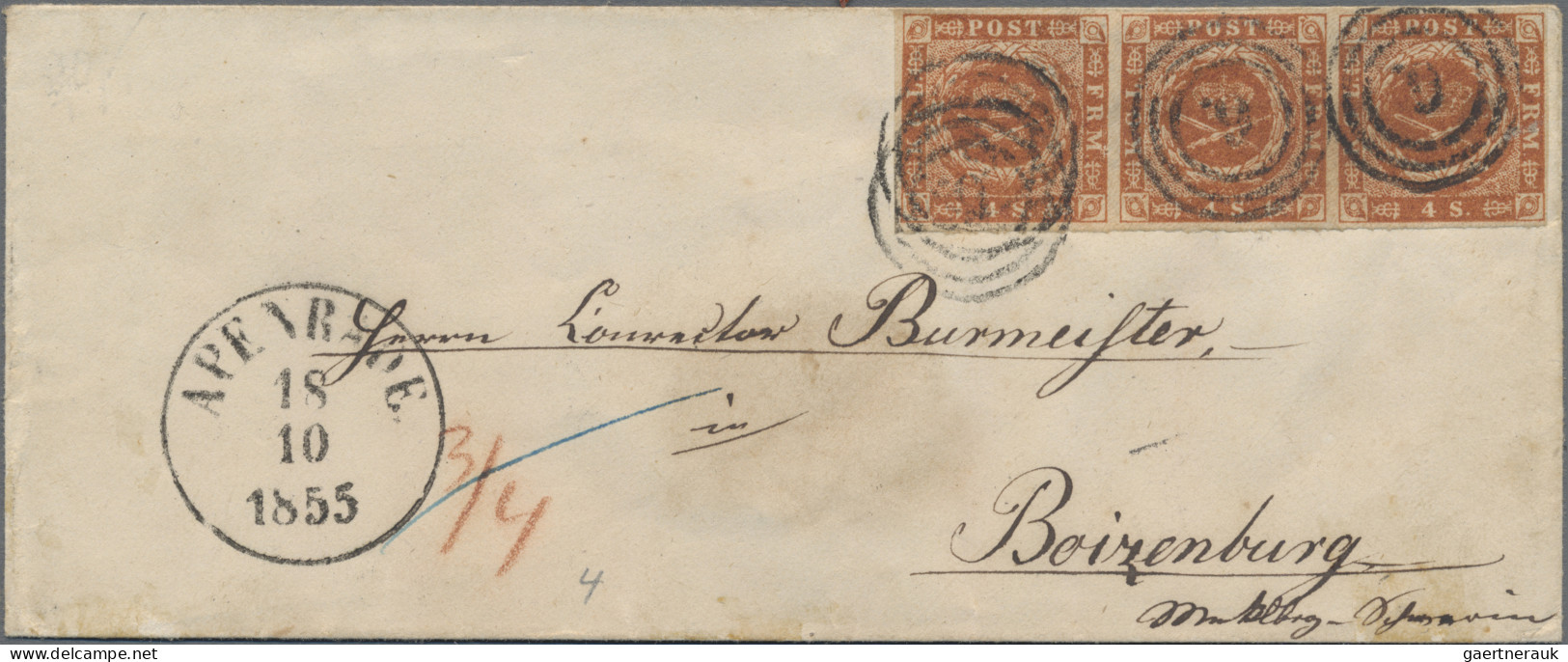 Denmark: 1854 4s. Orange-brown Horiz. Strip Of Three Used On Small Sealed Cover - Sonstige & Ohne Zuordnung