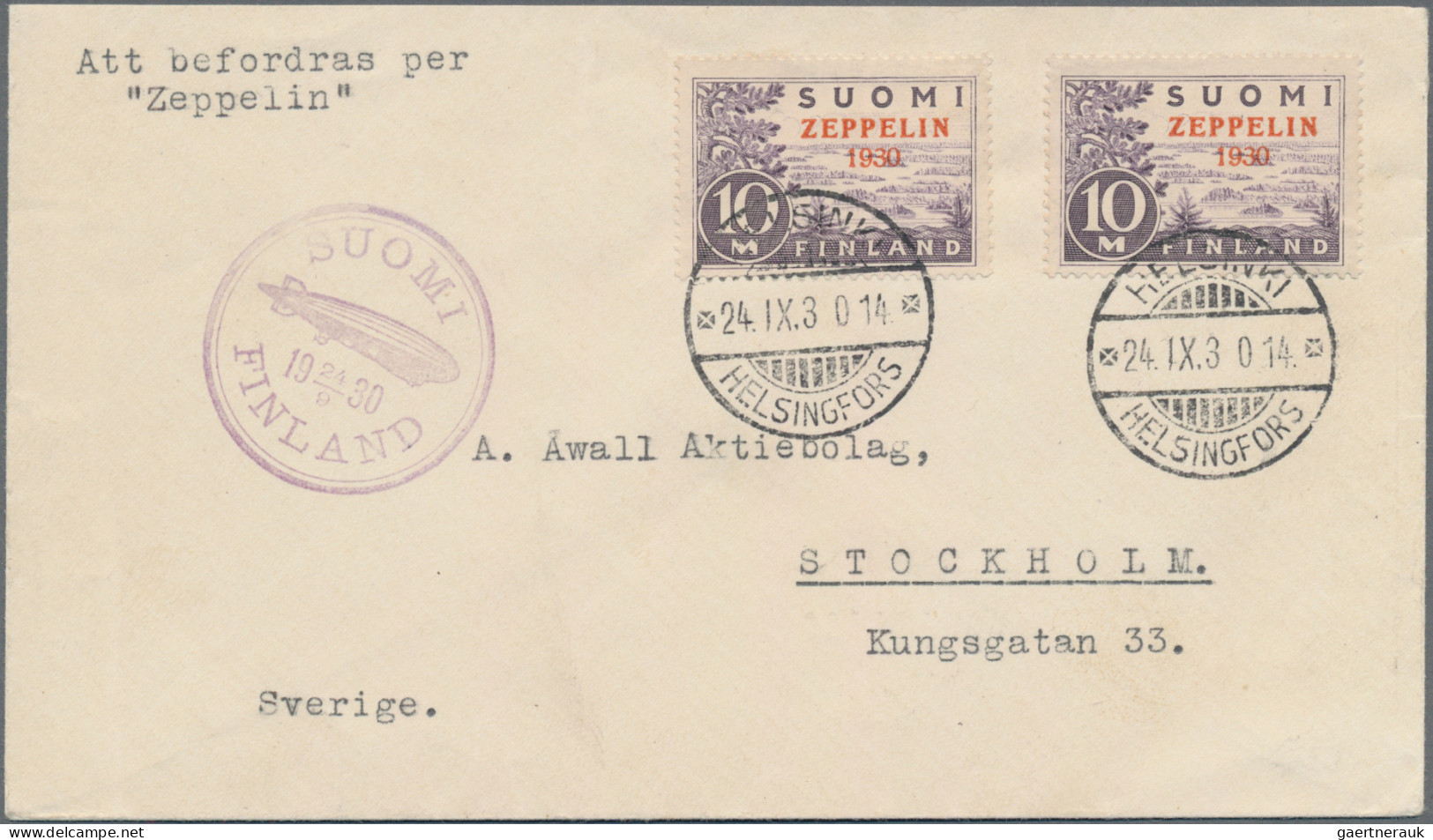 Finland: 1930, 10 M Violett, Overprinted "ZEPPELIN 1930" In Red, Two Times Tied - Briefe U. Dokumente