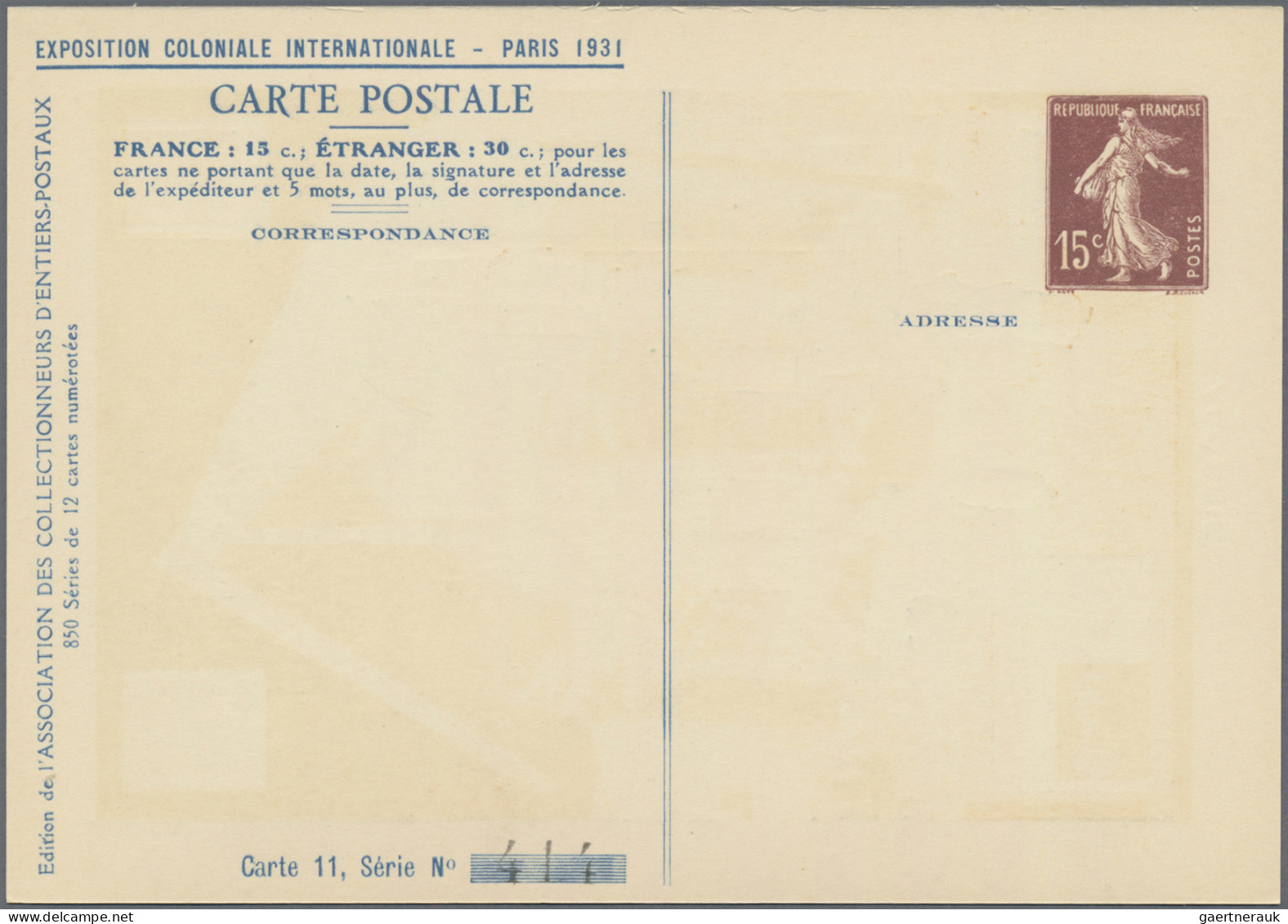 France - Postal Stationery: 1931, 15c. Semeuse, Printed-to-order Stationery Card - Sonstige & Ohne Zuordnung