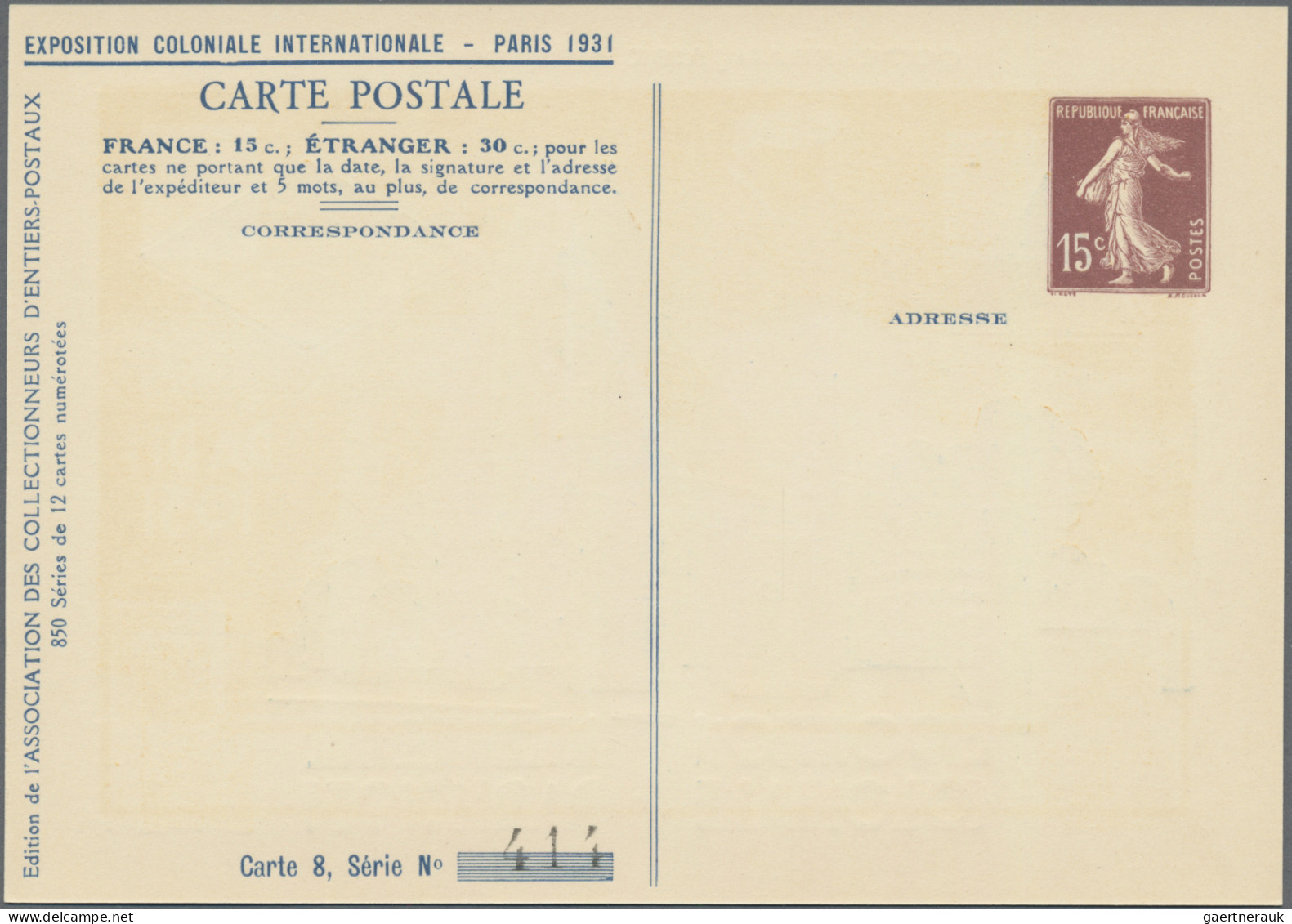 France - Postal stationery: 1931, 15c. Semeuse, printed-to-order stationery card