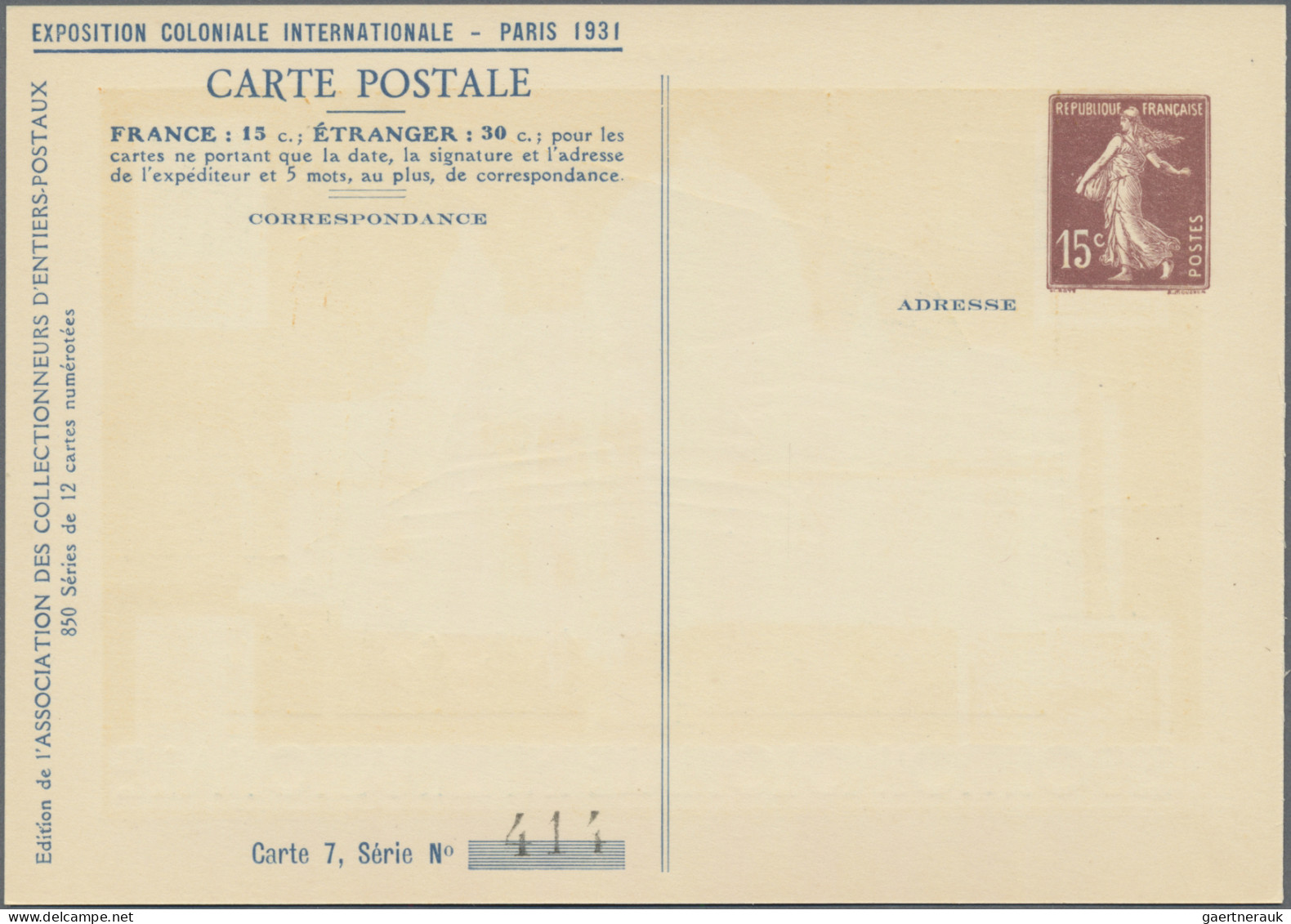 France - Postal stationery: 1931, 15c. Semeuse, printed-to-order stationery card