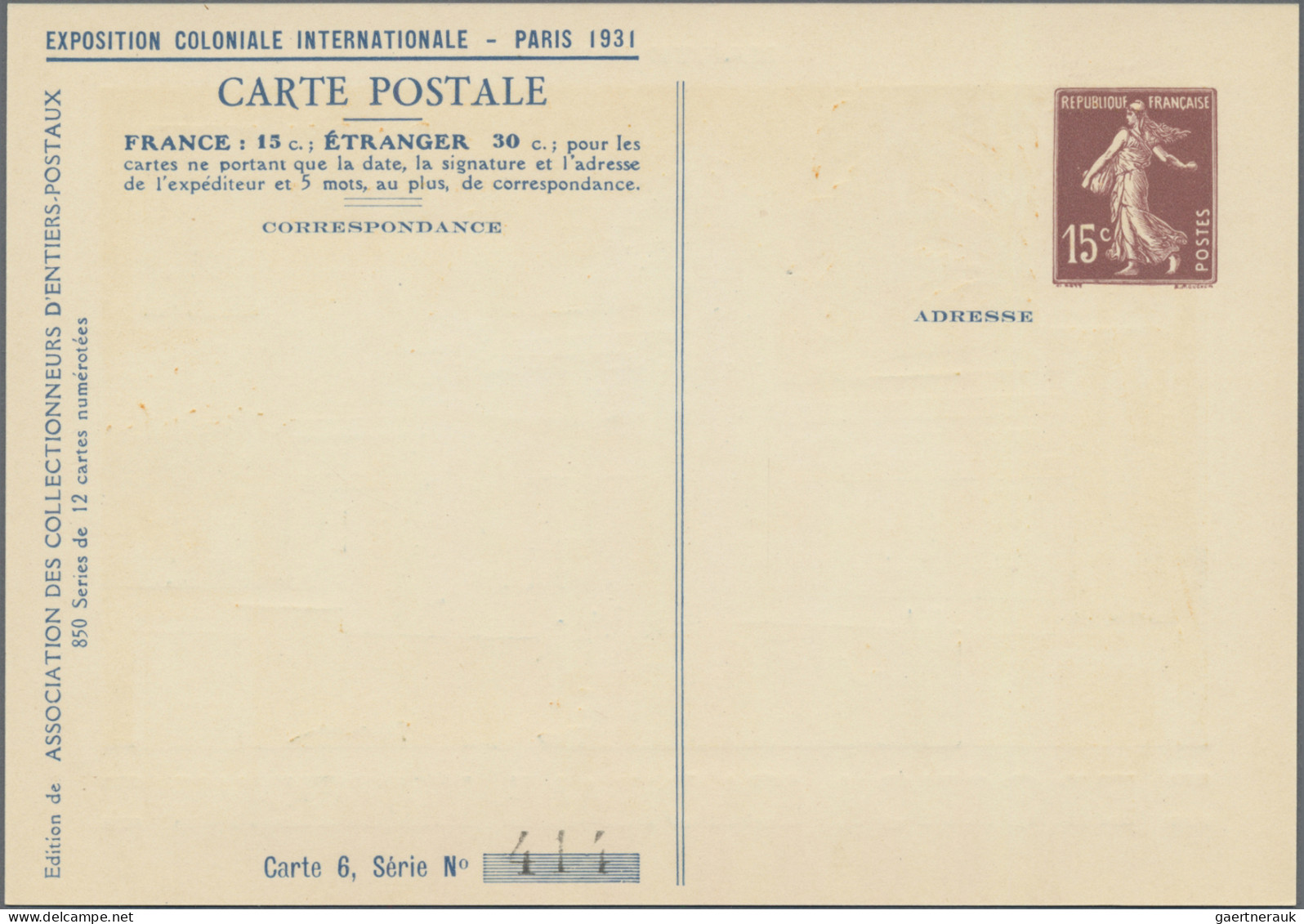 France - Postal stationery: 1931, 15c. Semeuse, printed-to-order stationery card