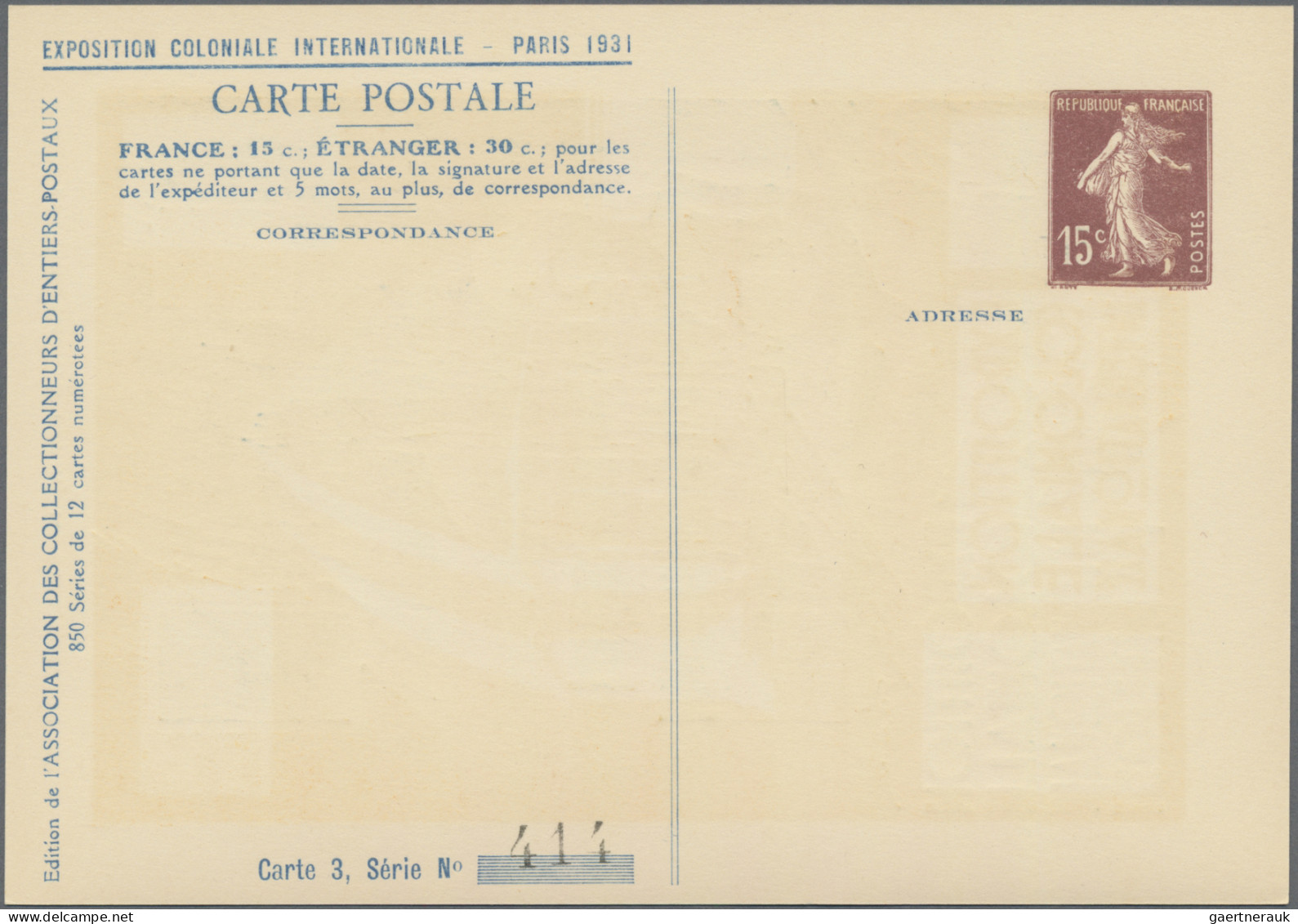 France - Postal stationery: 1931, 15c. Semeuse, printed-to-order stationery card