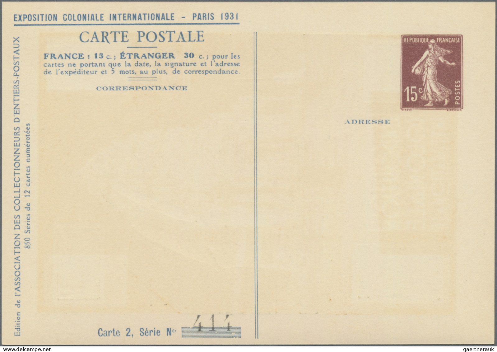 France - Postal stationery: 1931, 15c. Semeuse, printed-to-order stationery card