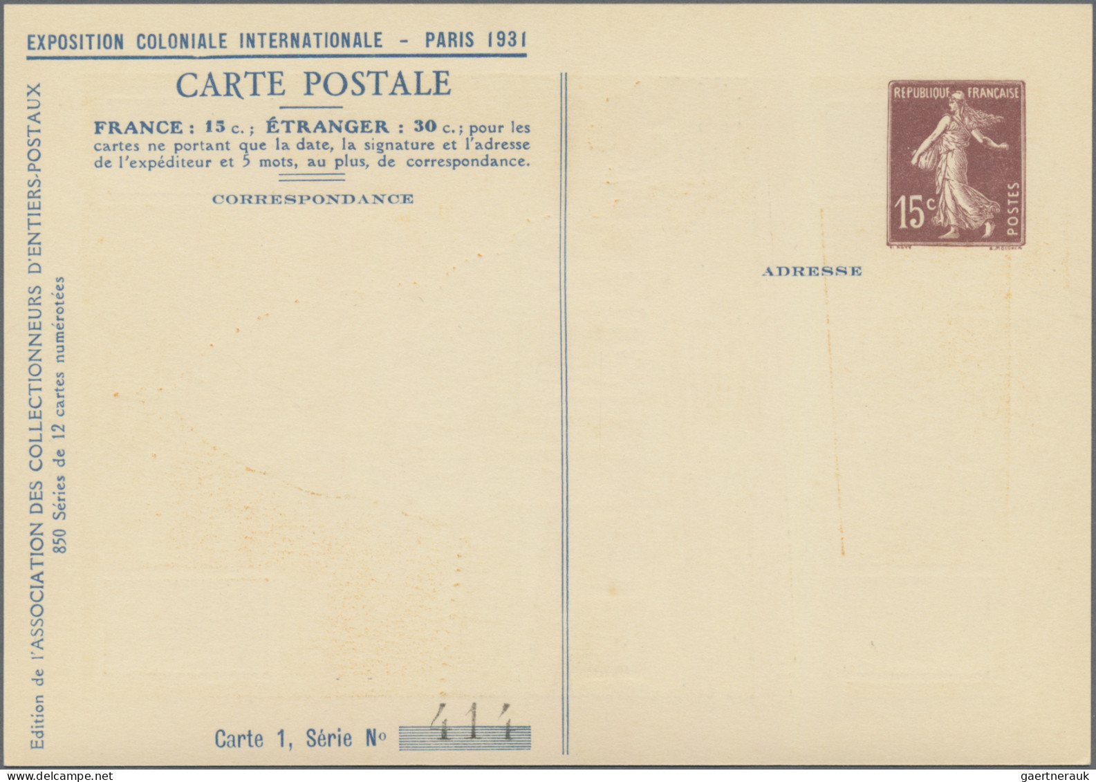 France - Postal stationery: 1931, 15c. Semeuse, printed-to-order stationery card