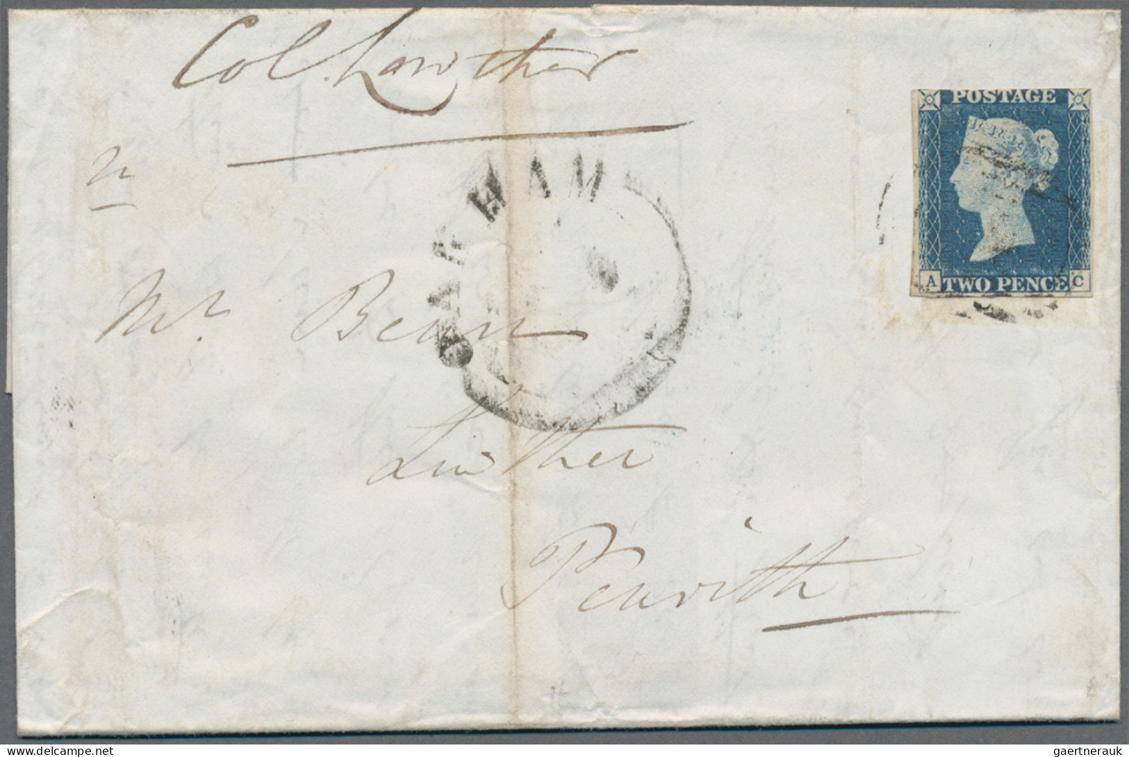 Great Britain: 1840 2d. Blue Lettered A-C Used On Folded Letter From Oakham To P - Autres & Non Classés