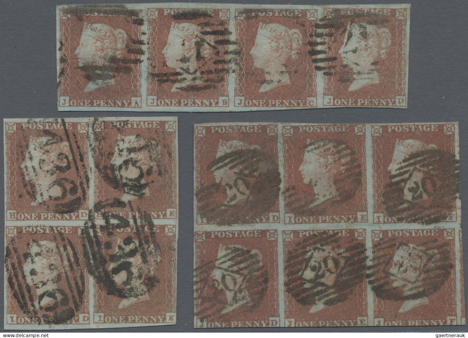 Great Britain: 1849 1d. Red-brown On Bluish Paper: STRIP OF FOUR From Plate 92 C - Autres & Non Classés