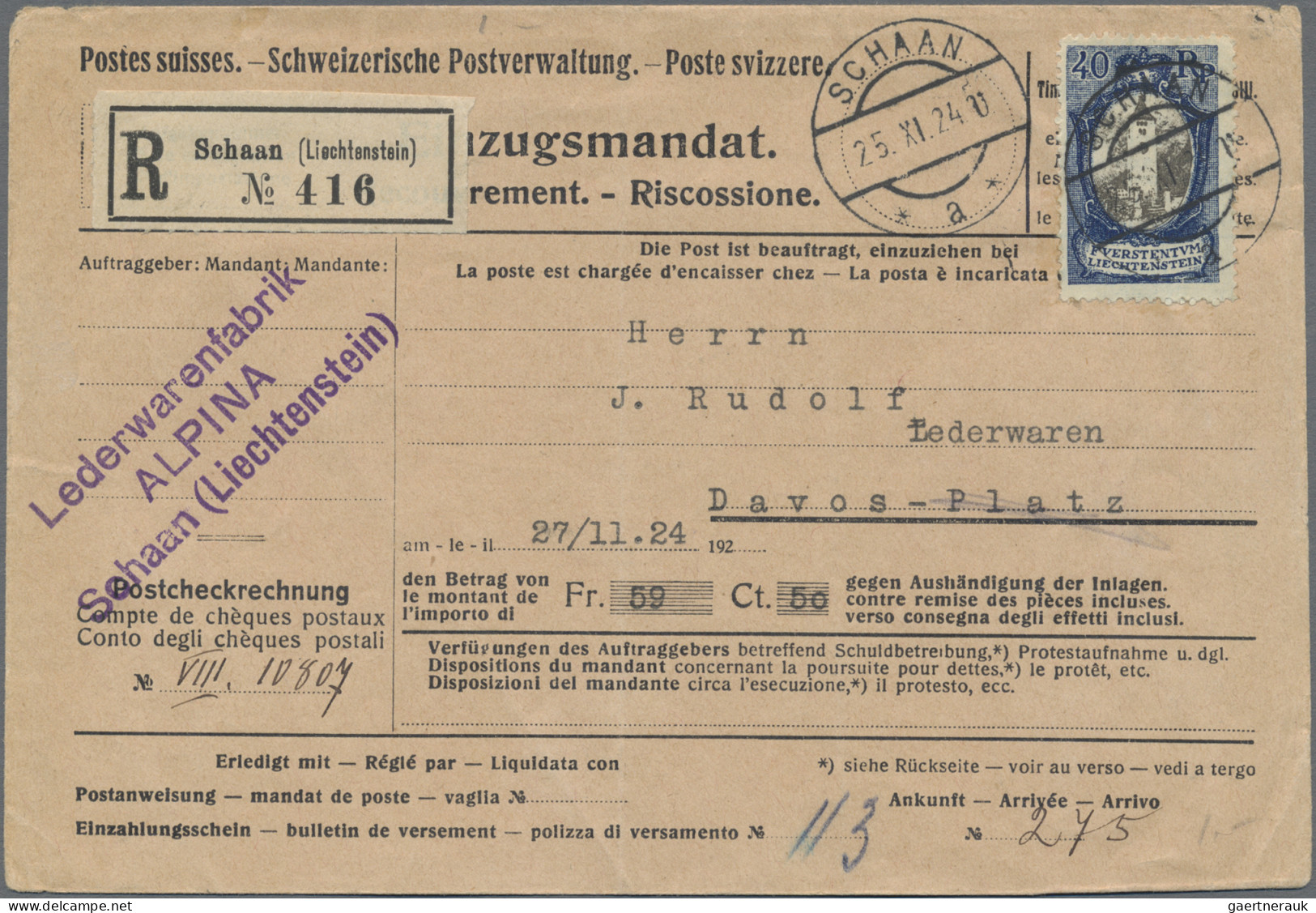 Liechtenstein: 1924/27, 30 Rp. Kirche Bendern Ultramarin 2x 30 Rp. Auf R-Einzugs - Briefe U. Dokumente