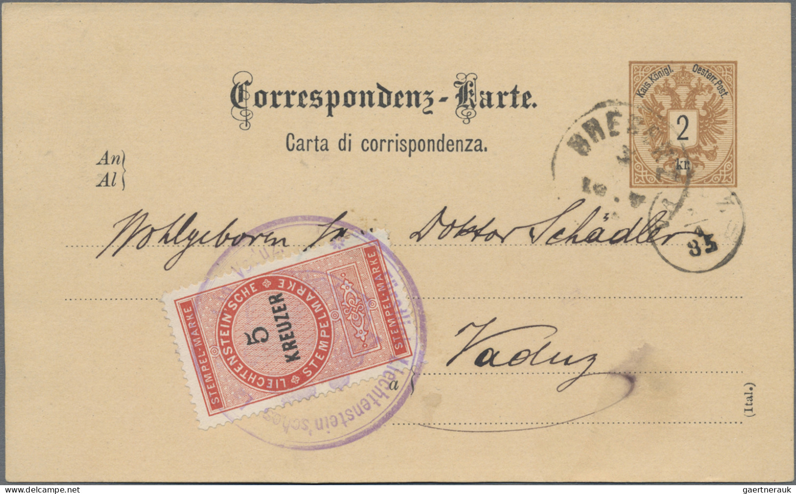 Liechtenstein - Besonderheiten: 1885, Fiskalmarke 5 Kr. Rot/schwarz Mit Violette - Autres