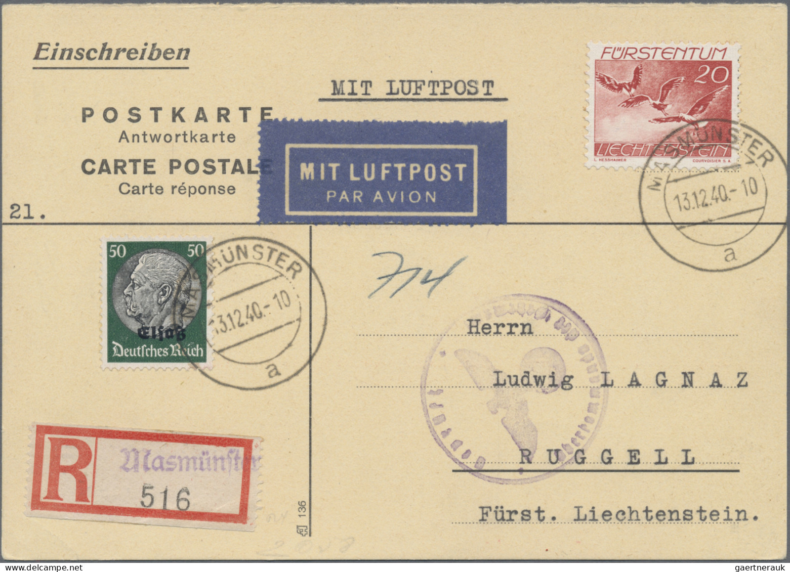 Liechtenstein - Besonderheiten: 1940, 3 R-Antwortkarten Mit MiF Dt.Besetzung Els - Autres