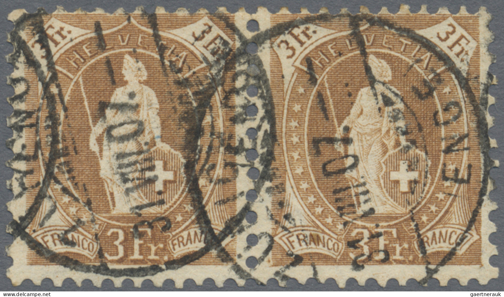 Schweiz: 1906 Stehende Helvetia 3 Fr. Braun Im Waag. Paar, Dabei Die Rechte Mark - Gebraucht