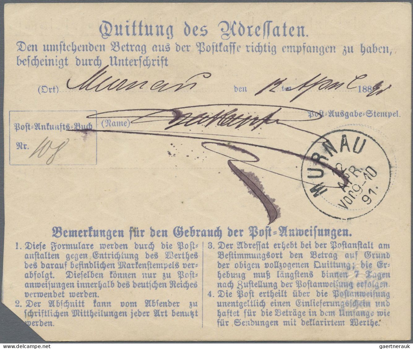 Bayern - Ganzsachen: 1891, Postanweisung 20 Pfg. Blau über 35 Mark Gebraucht Ab - Autres & Non Classés