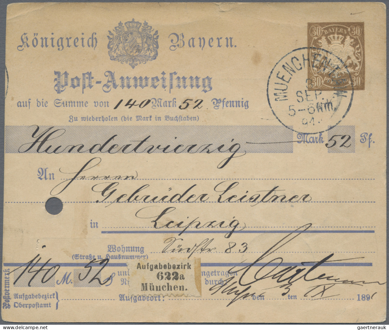 Bayern - Ganzsachen: 1891, Postanweisung 30 Pfg. Braun über 140.52 Mark Gebrauch - Autres & Non Classés