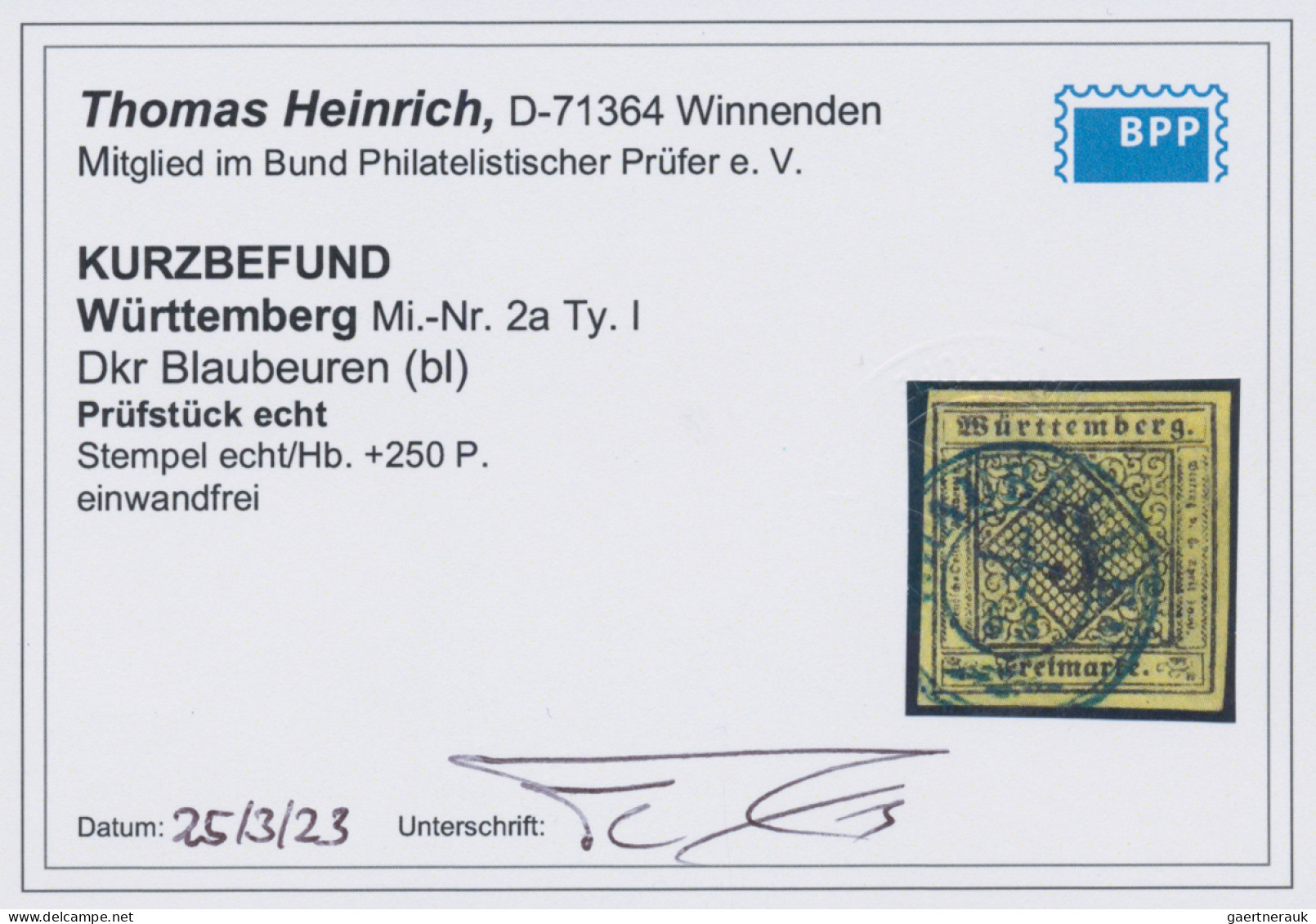 Württemberg - Marken Und Briefe: 1851, 3 Kr. Schwarz Auf Hellgelb, Type I, Blaue - Other & Unclassified