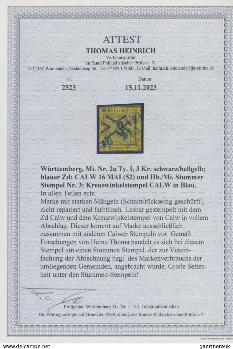 Württemberg - Stumme Stempel: 1852, CALW, Der Seltene Kreuzwinkelstempel, Sog. " - Sonstige & Ohne Zuordnung