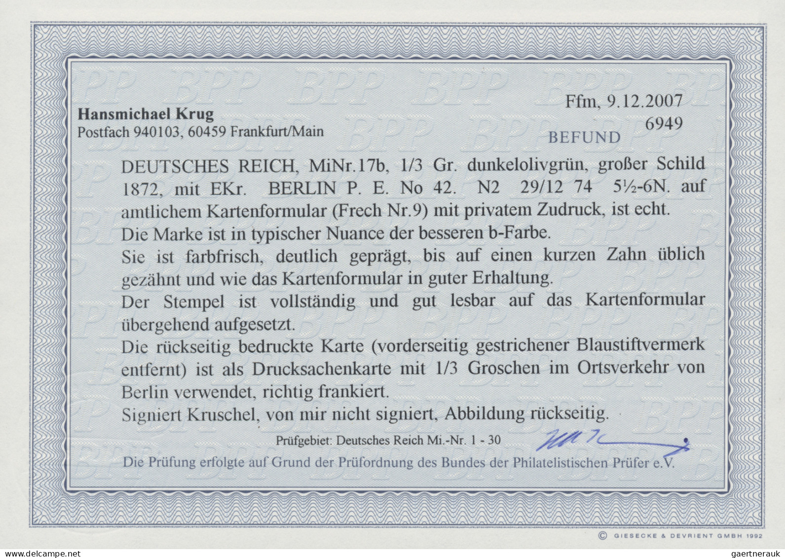 Deutsches Reich - Brustschild: 1874, 1/3 Gr. Dunkelolivgrün Gr.Schild Als Portog - Briefe U. Dokumente