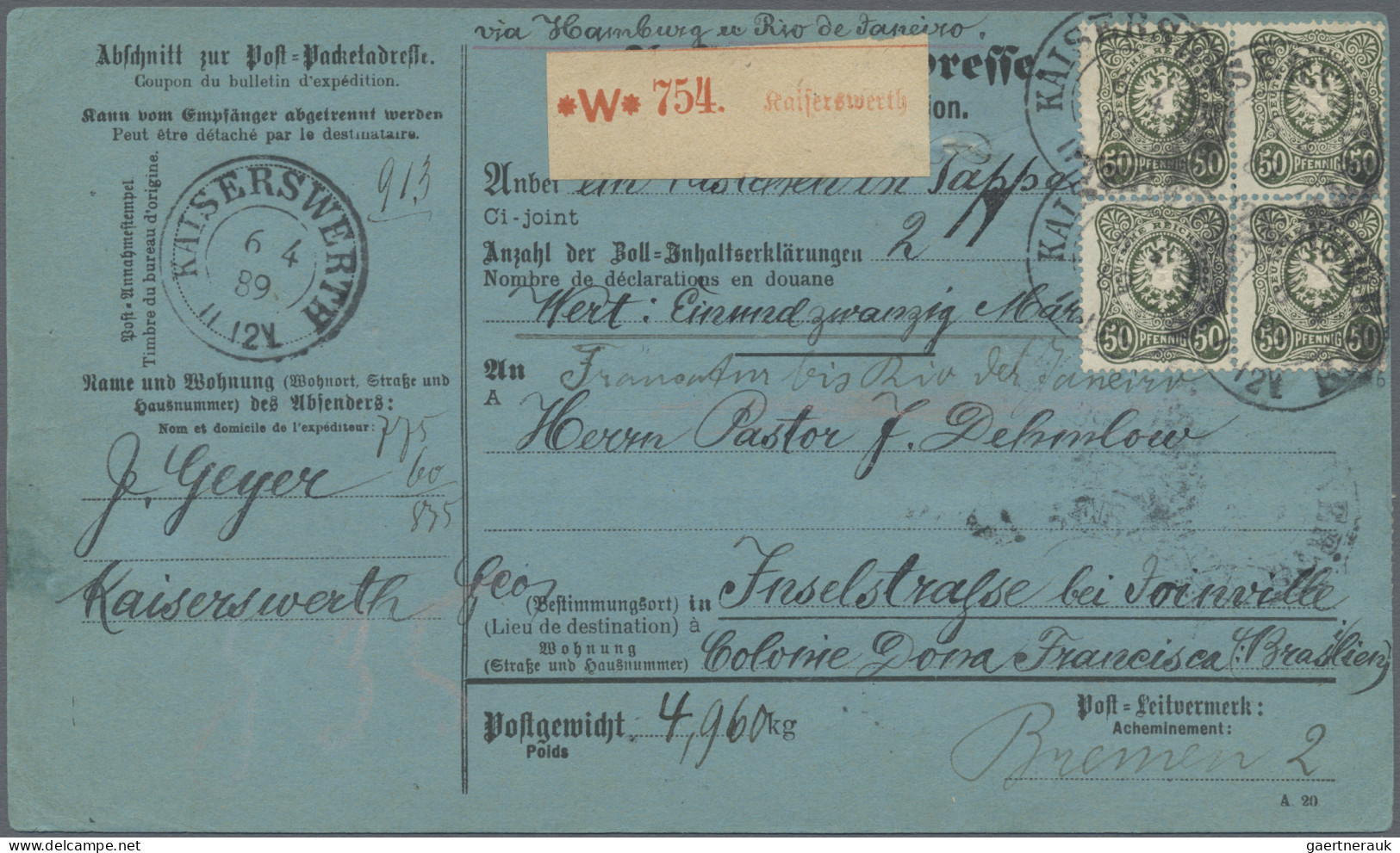 Deutsches Reich - Pfennig: 1889, Paketkarte Nach Brasilien: 50 Pfg. Olivgrün 4er - Briefe U. Dokumente