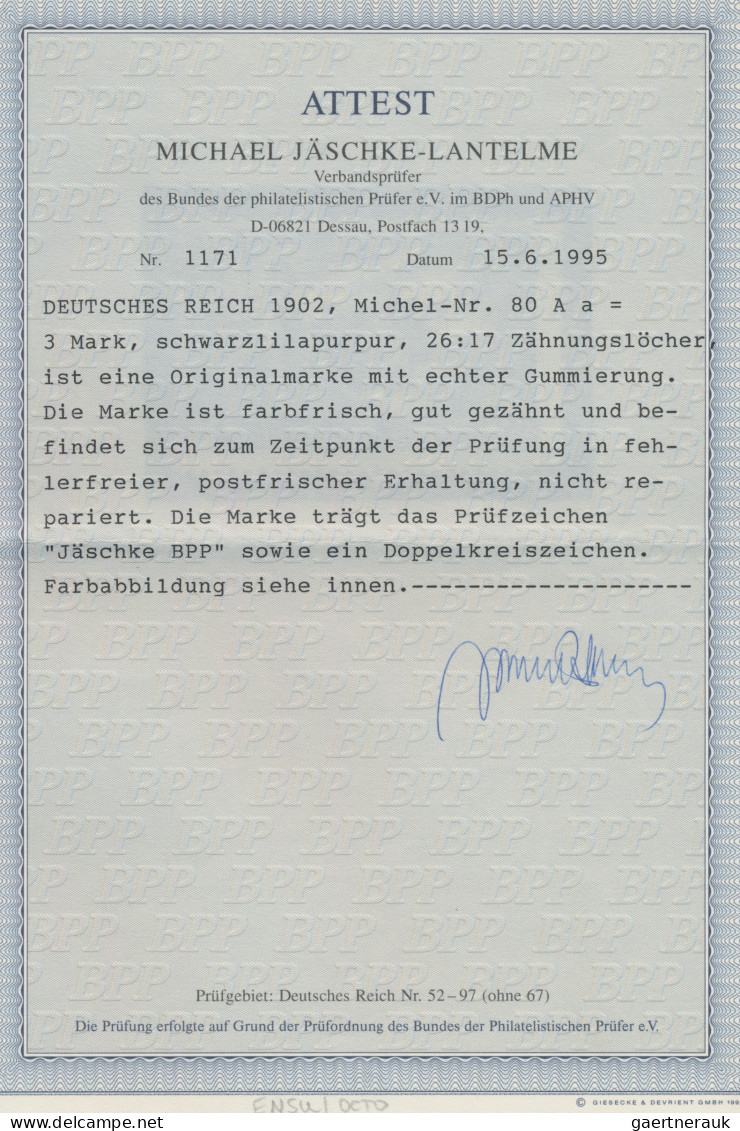 Deutsches Reich - Germania: 1902 3 M Schwarzviolett Mit 26:17 Zähnungslöchern, T - Neufs