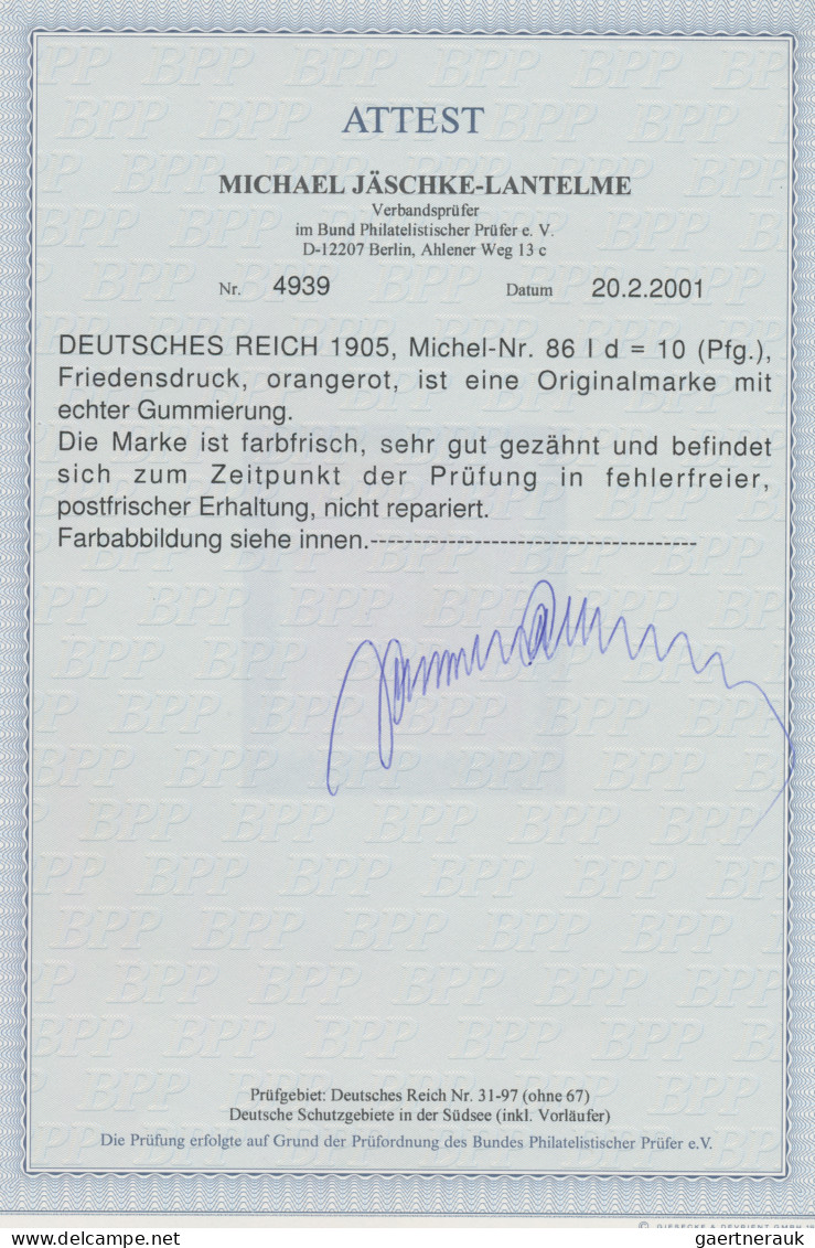 Deutsches Reich - Germania: 1905, Germania-Friedensdruck, 10 Pfg. Orangerot, Pos - Neufs