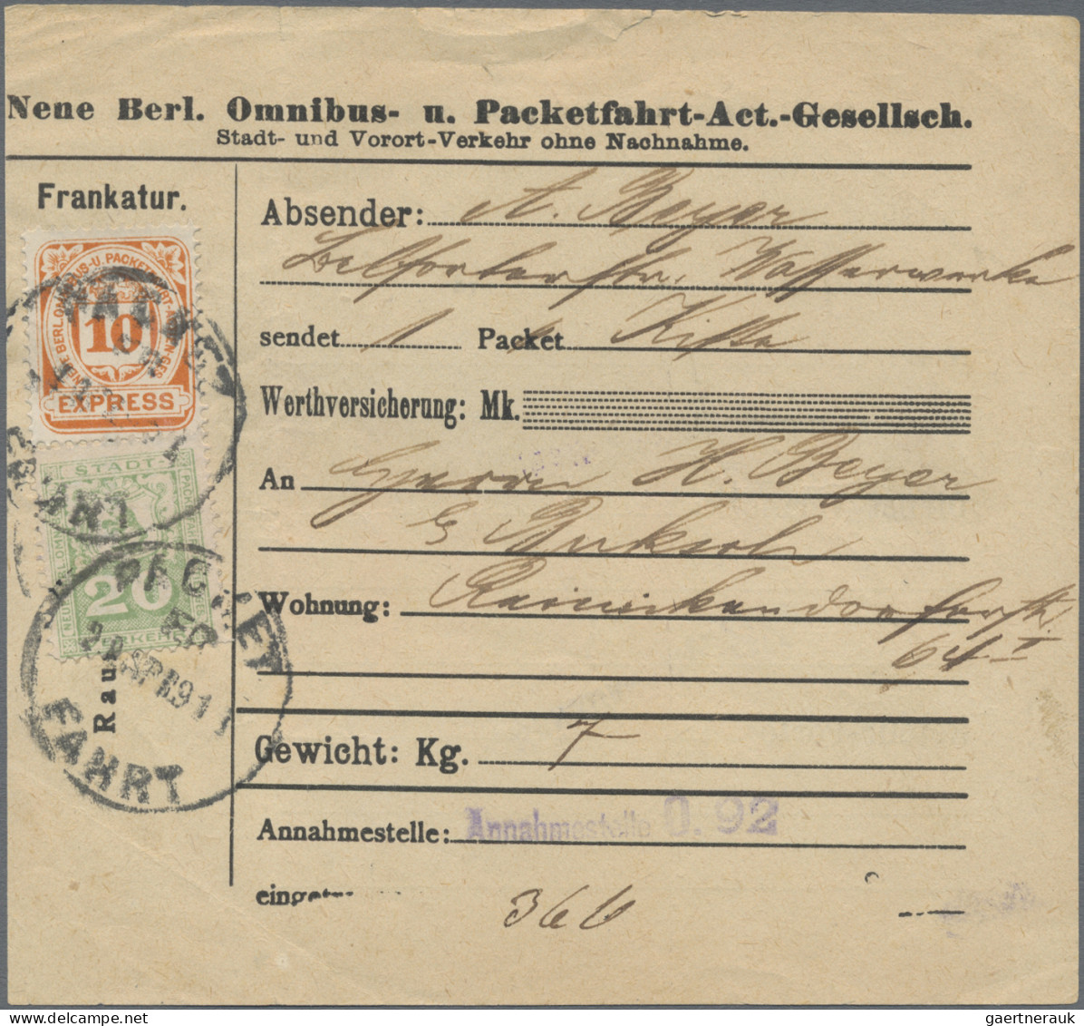 Deutsches Reich - Privatpost (Stadtpost): BERLIN: 1891, Packet-Fahrt, 20 Pfg. Gr - Correos Privados & Locales