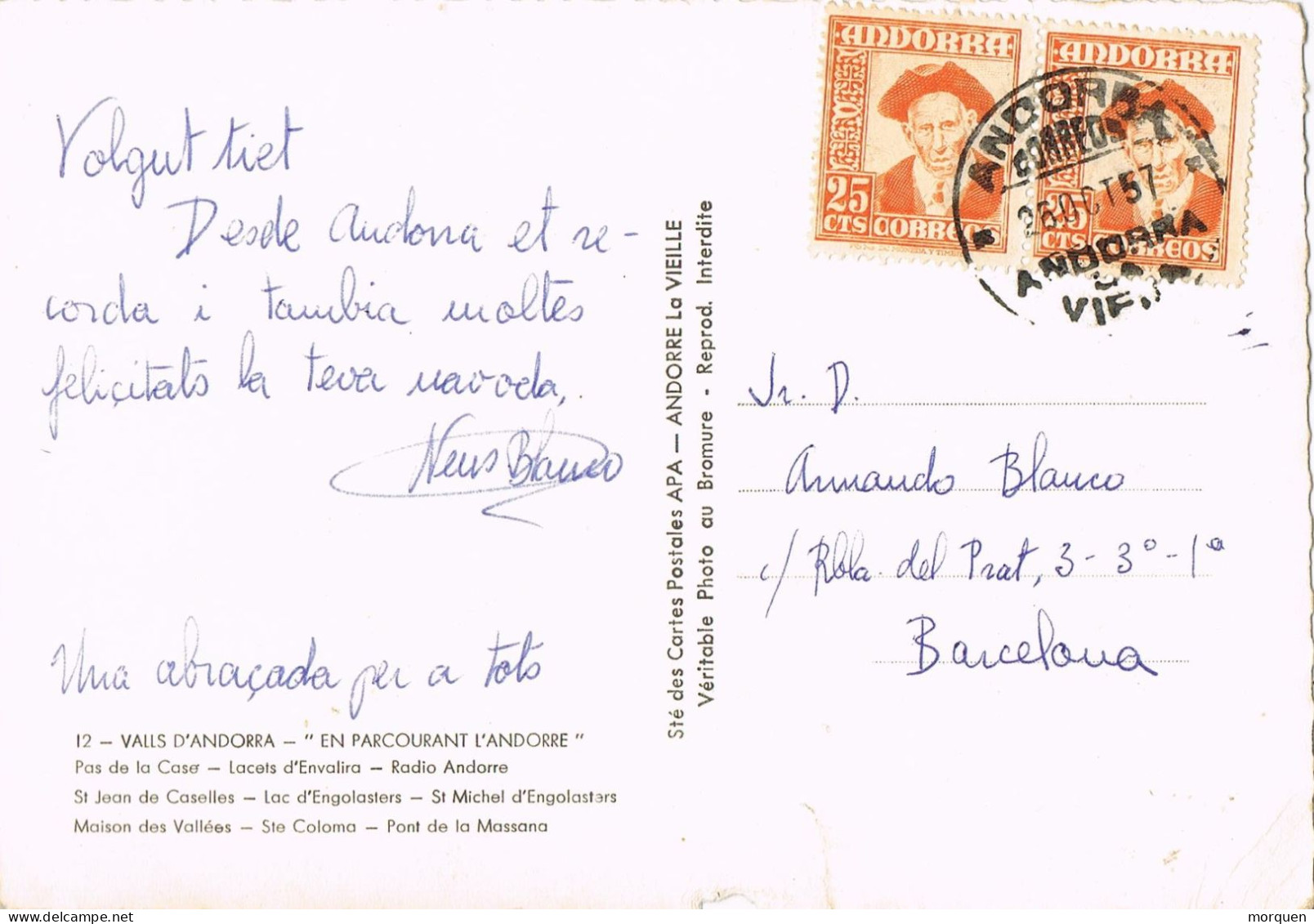 53696. Postal ANDORRA La VIEJA (Andorra Española) 1957. Vistas Varias Andorranas - Briefe U. Dokumente