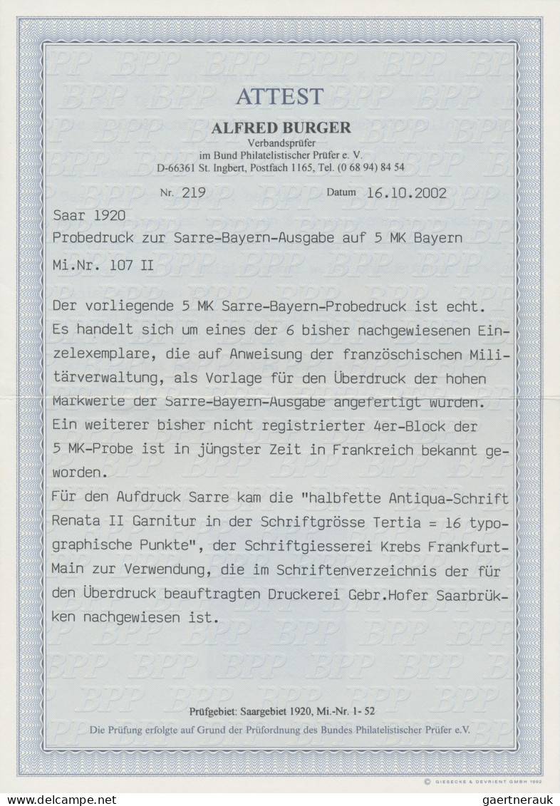 Deutsche Abstimmungsgebiete: Saargebiet: 1920, 5 Mark Bayern-Sarre, PROBEAUFDRUC - Ongebruikt