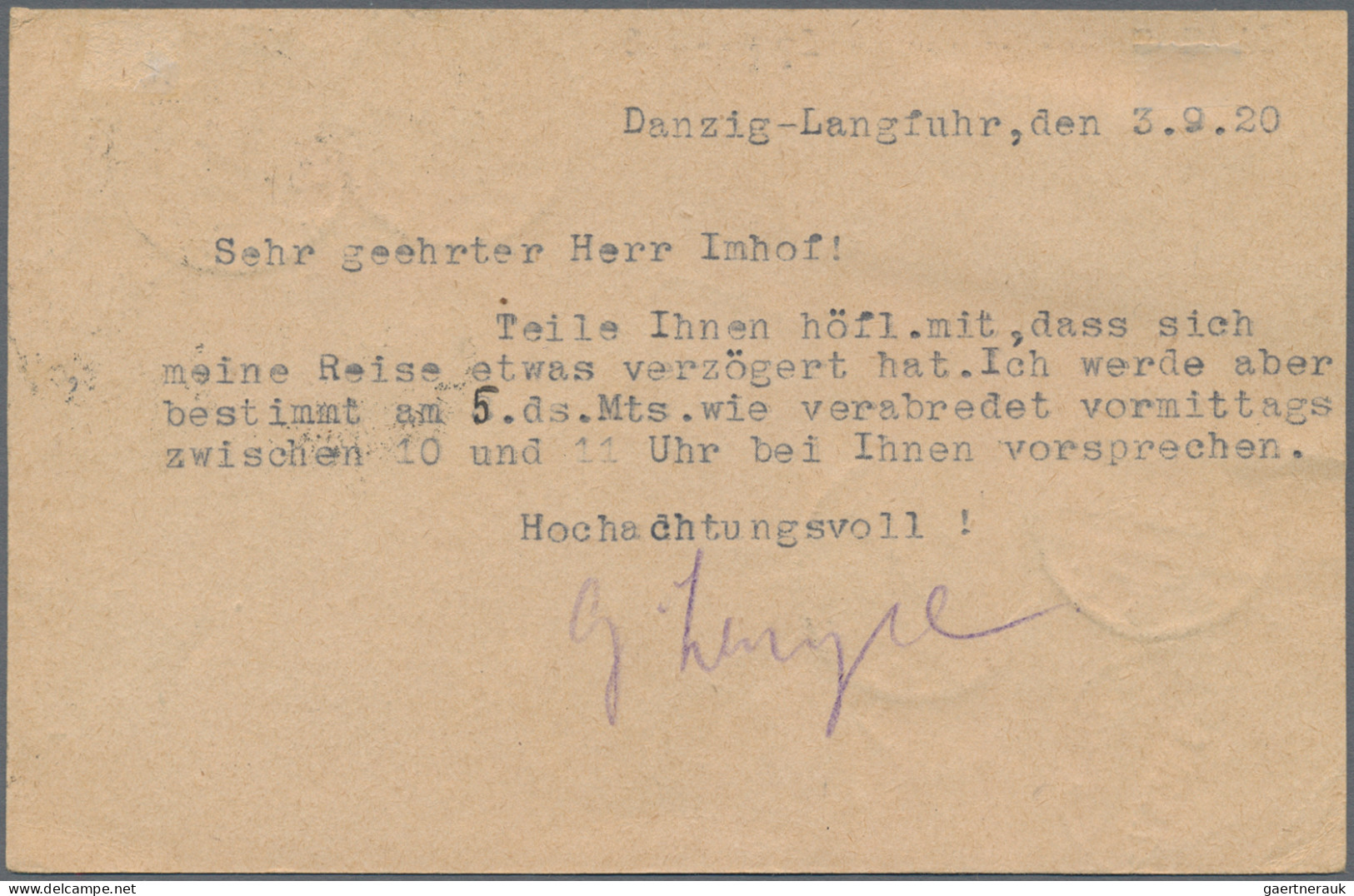 Danzig - Ganzsachen: 1920, Ganzsachenkarte 15 Pfg. Braunlila Mit Zusatzfrankatur - Sonstige & Ohne Zuordnung